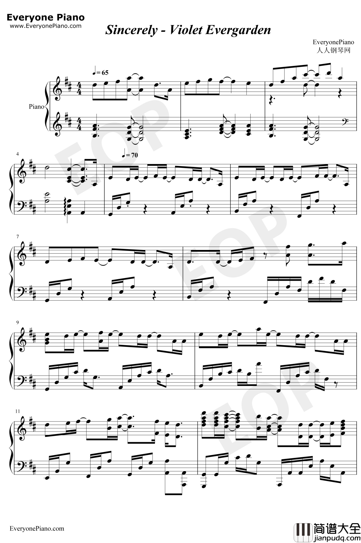 Sincerely钢琴谱_TRUE_紫罗兰永恒花园OP