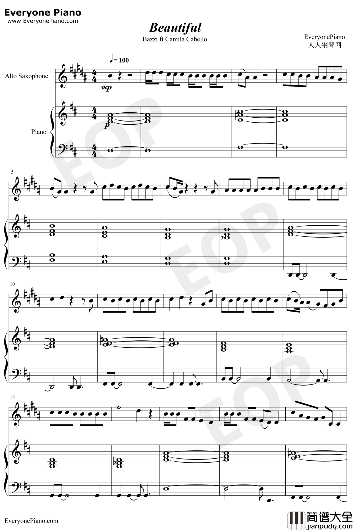Beautiful钢琴谱_Bazzi