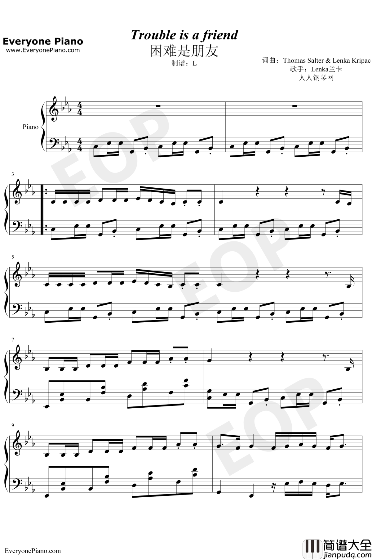 Trouble_is_a_friend钢琴谱_lenka