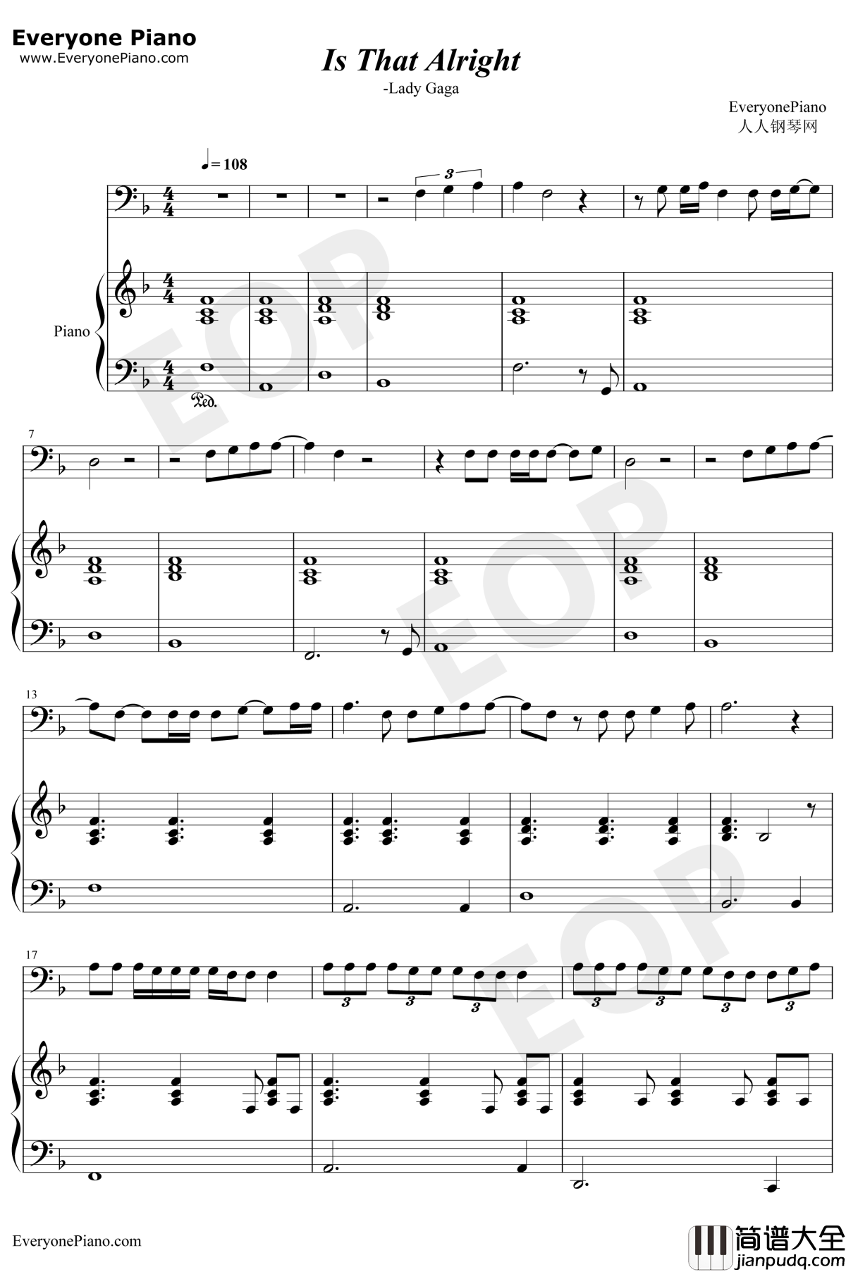 Is_That_Alright钢琴谱_LadyGaga_一个明星的诞生OST