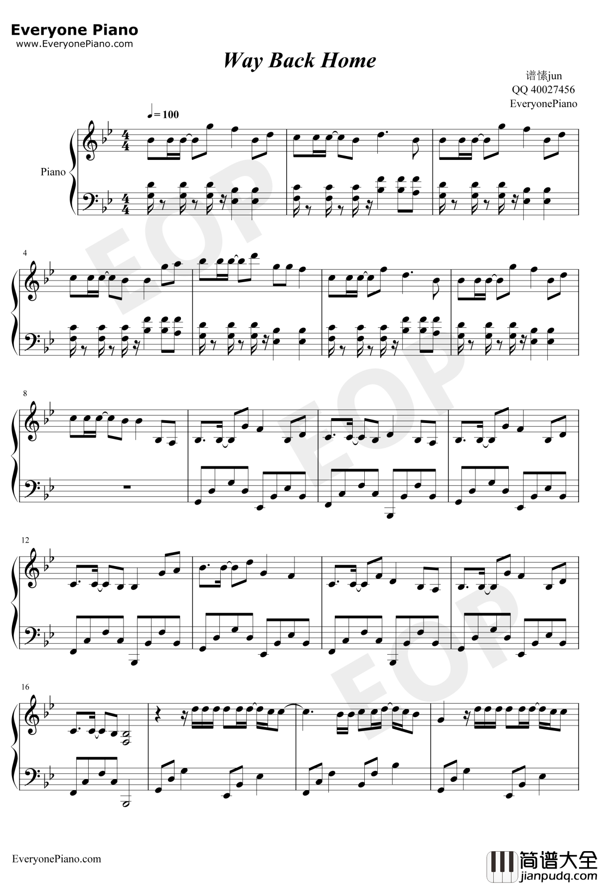 Way_Back_Home钢琴谱_SHAUN_一开口都想恋爱了_抖音神曲