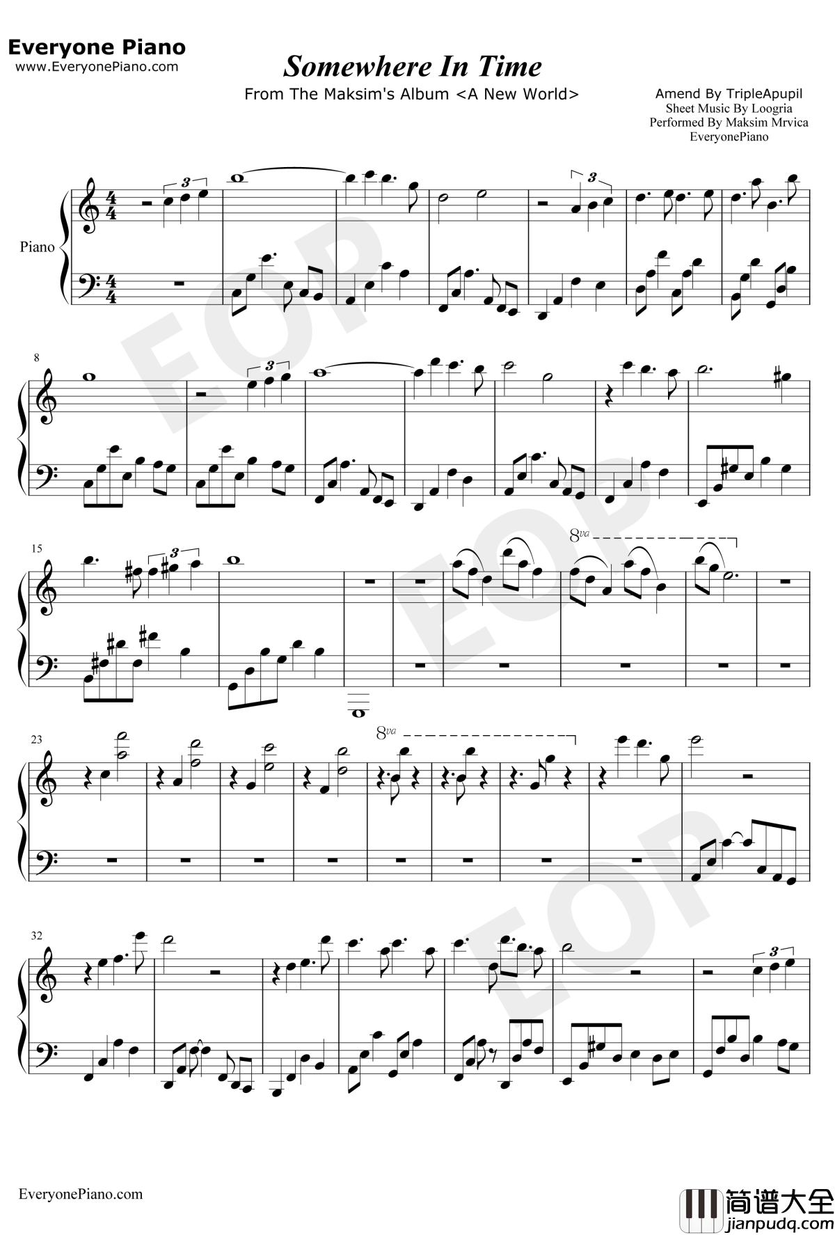 Somewhere_In_Time钢琴谱_马克西姆_似曾相识_时光倒流七十年