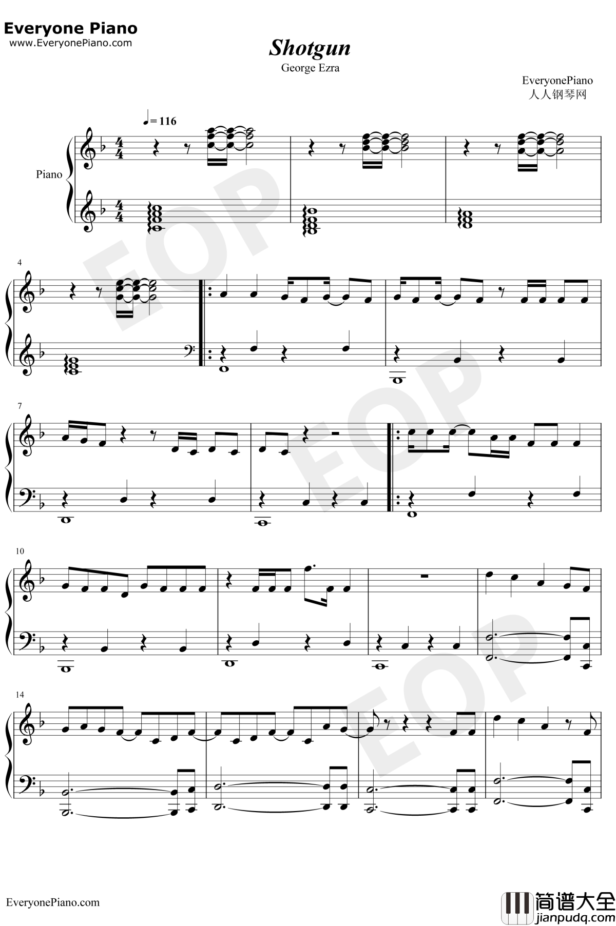 Shotgun钢琴谱_GeorgeEzra_GeorgeEzra
