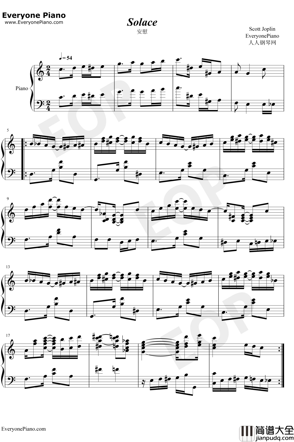 Solace钢琴谱_ScottJoplin_安慰_生化奇兵无限BGM