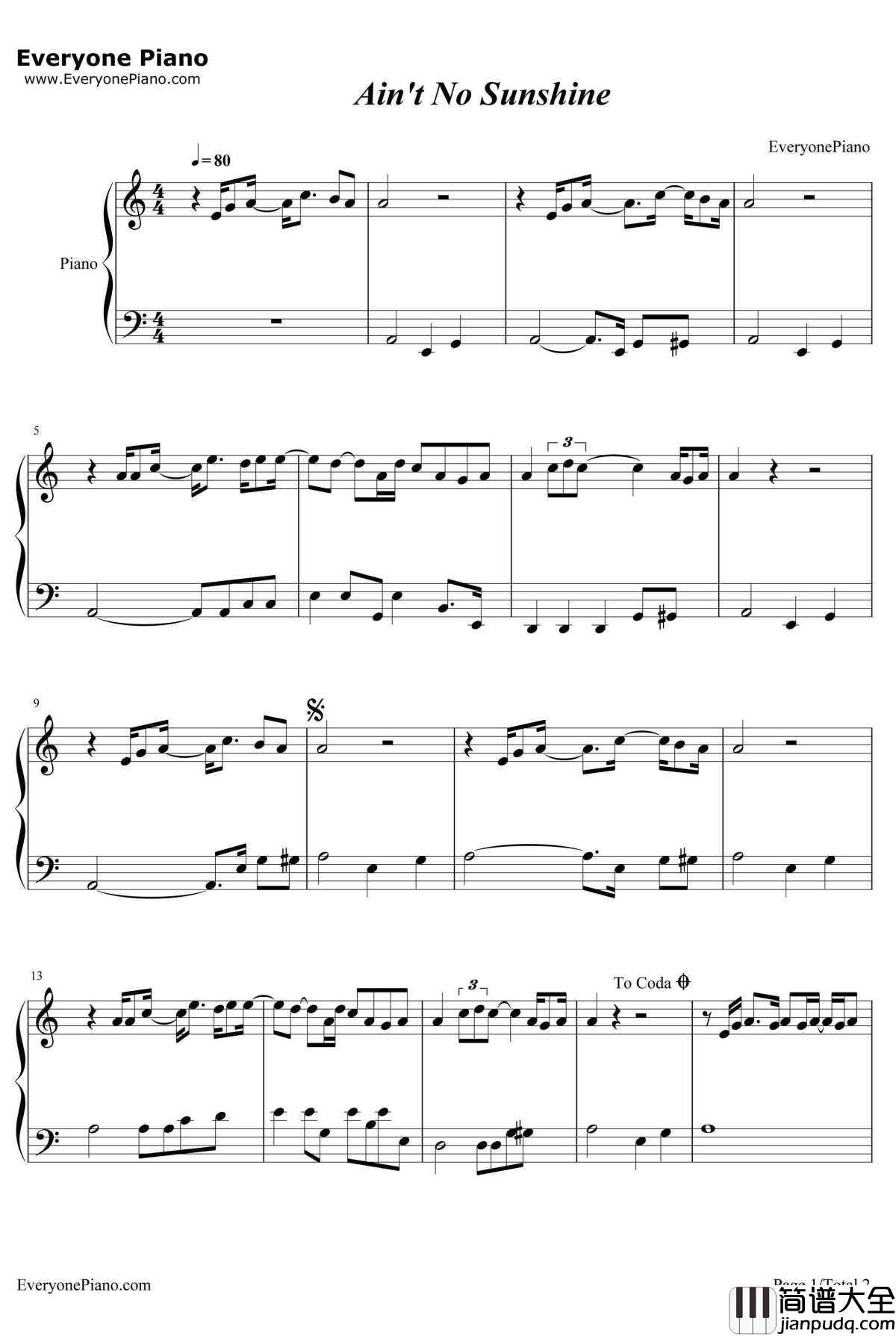 Ain't_No_Sun_shine钢琴谱_BillWithers