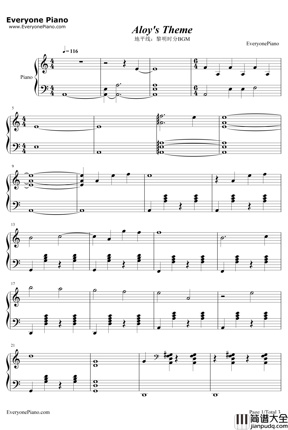 Aloy's_Theme钢琴谱_JorisdeMan_地平线黎明时分BGM