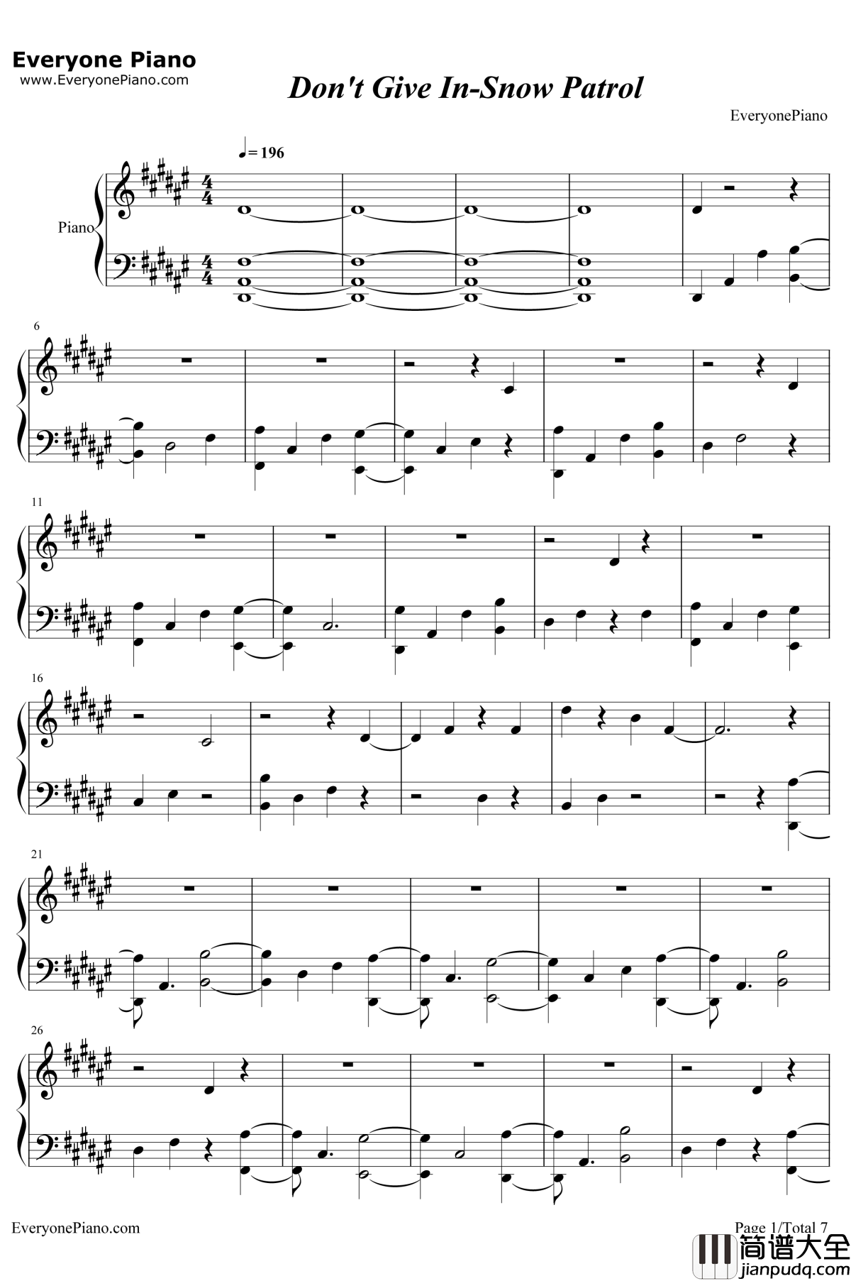 Don't_Give_In钢琴谱_Snow_Patrol