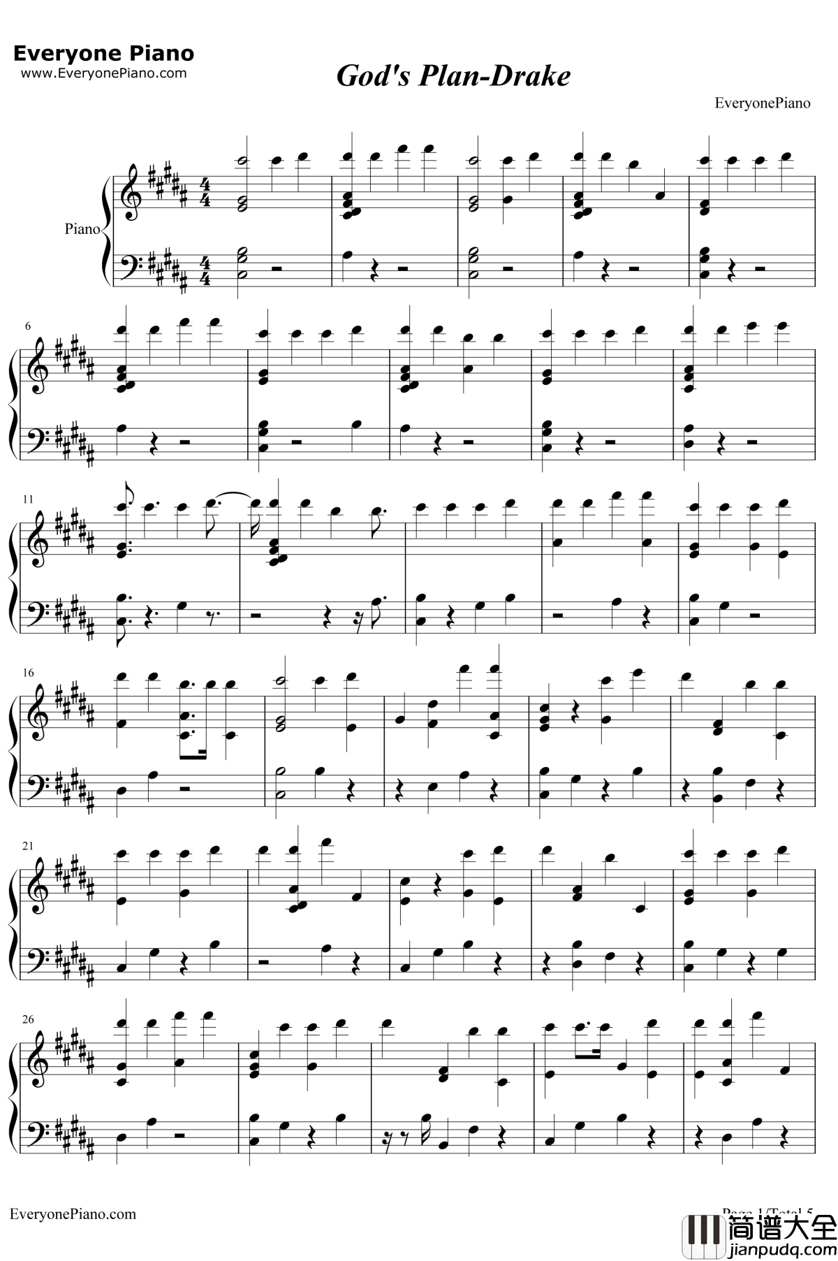 God's_Plan钢琴谱_Drake