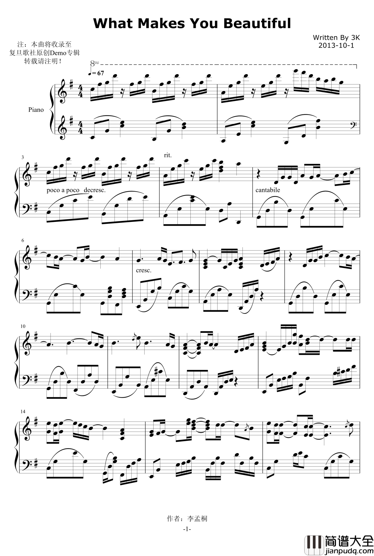 What_Makes_You_Beautiful钢琴谱_Ku.Klux.Klan