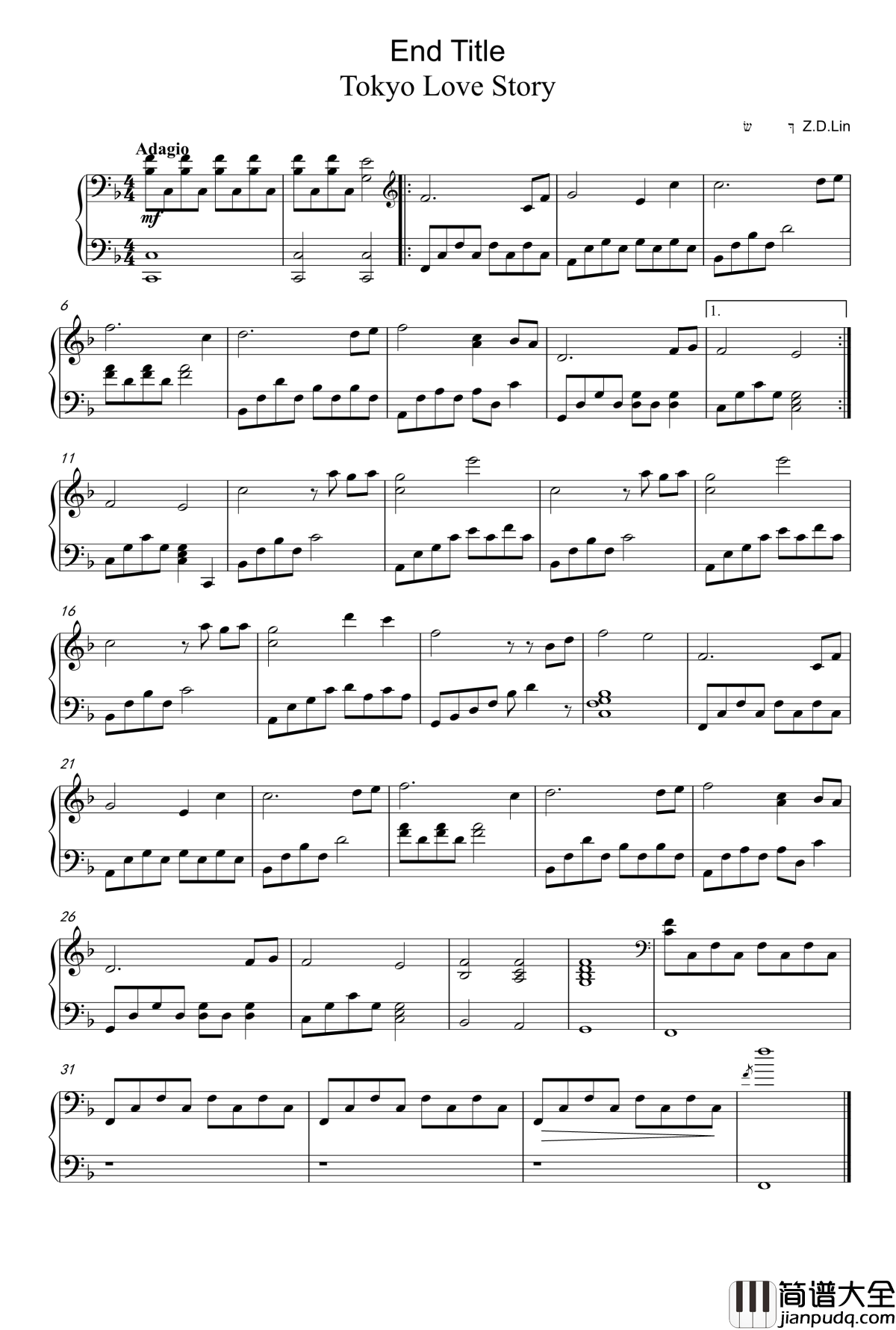 东京爱情故事钢琴谱_ZEnd_Title_D20重制版