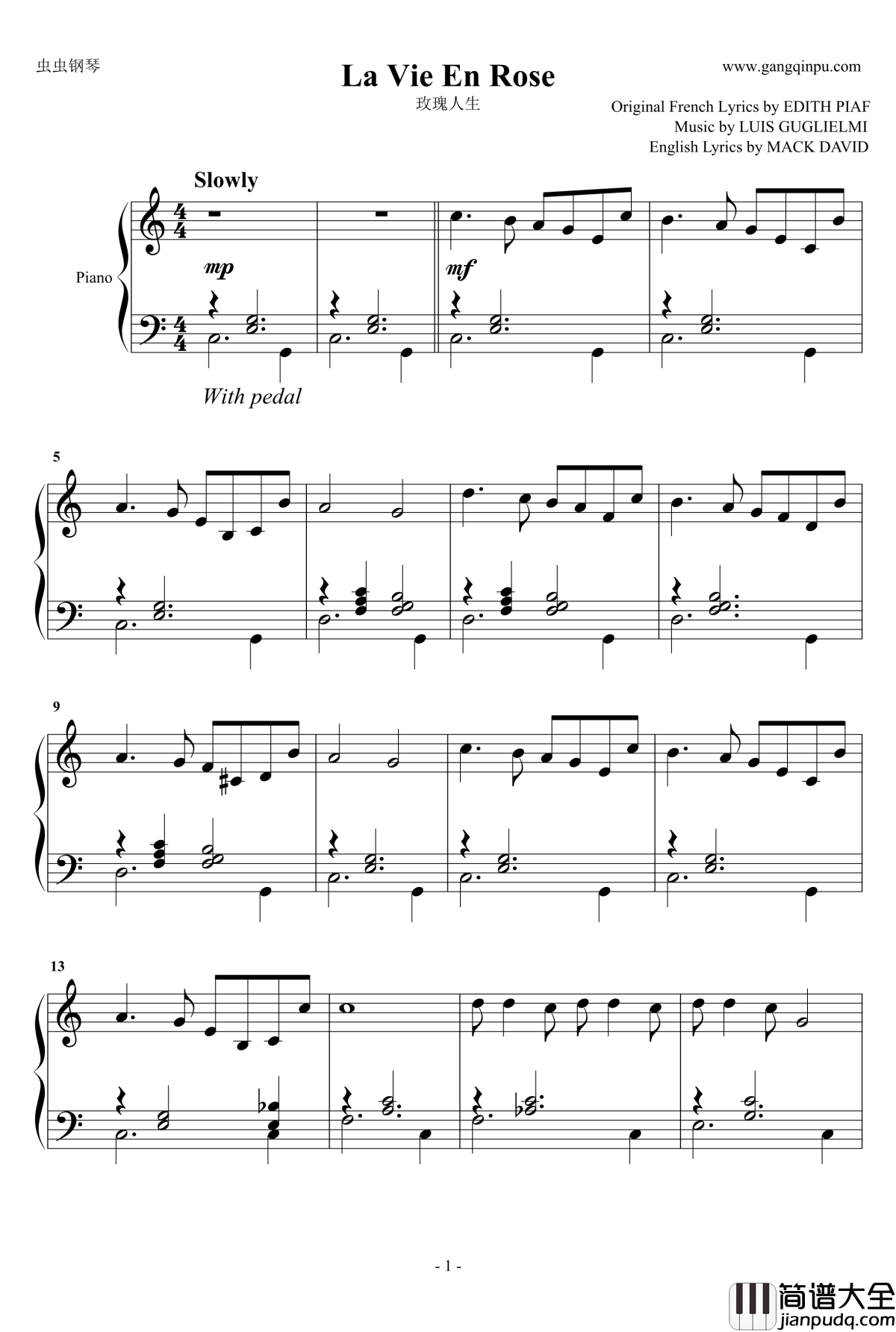 玫瑰人生钢琴谱_La_Vie_En_Rose_Edith_Piaf