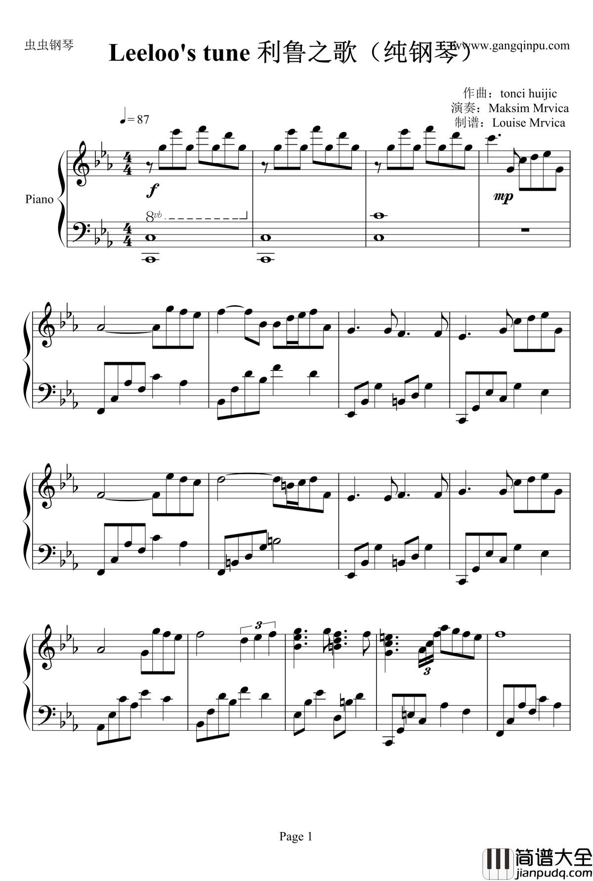利鲁之歌钢琴谱_Leeloos_tune_纯钢琴_马克西姆_Maksim·Mrvica