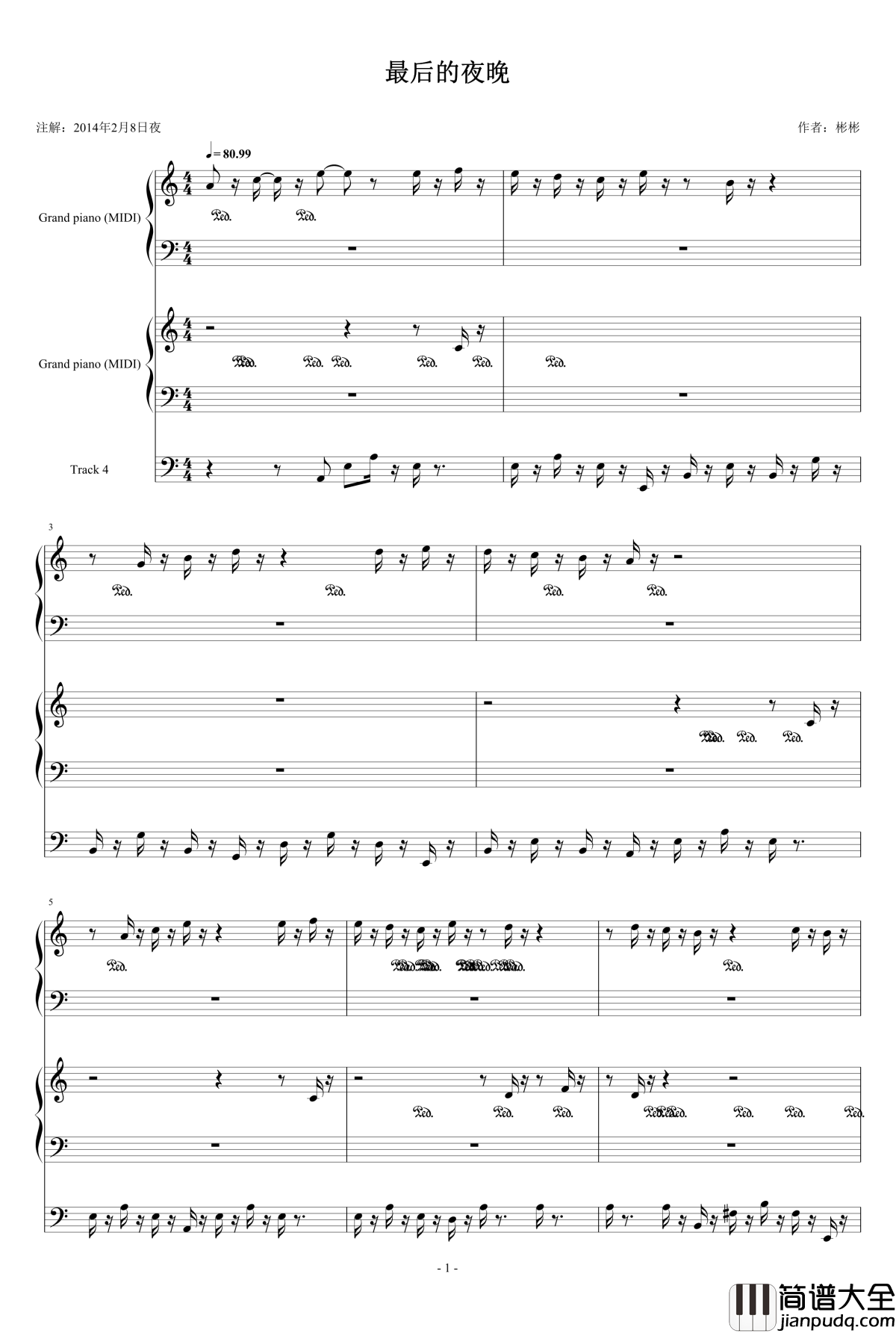 最后的夜晚钢琴谱_原创_mayunlone
