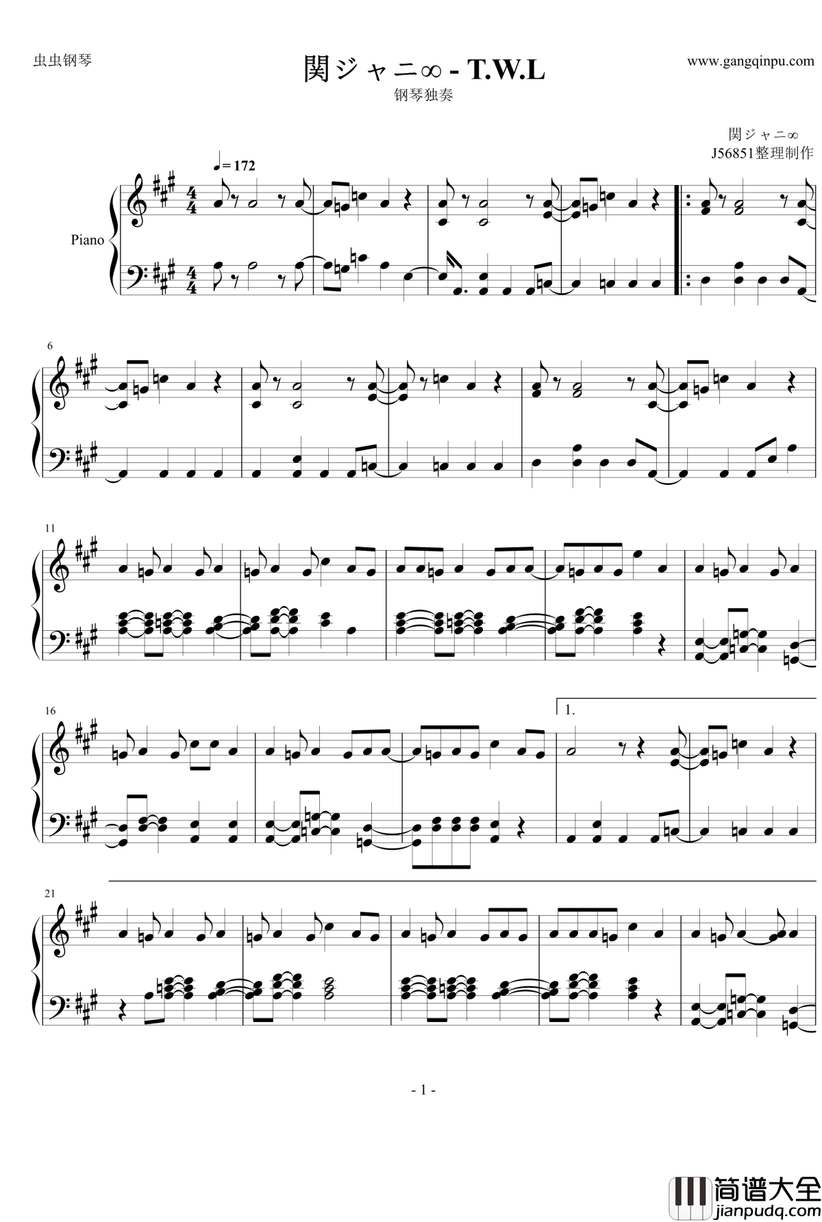 T.W.L钢琴谱_関ジャニ∞