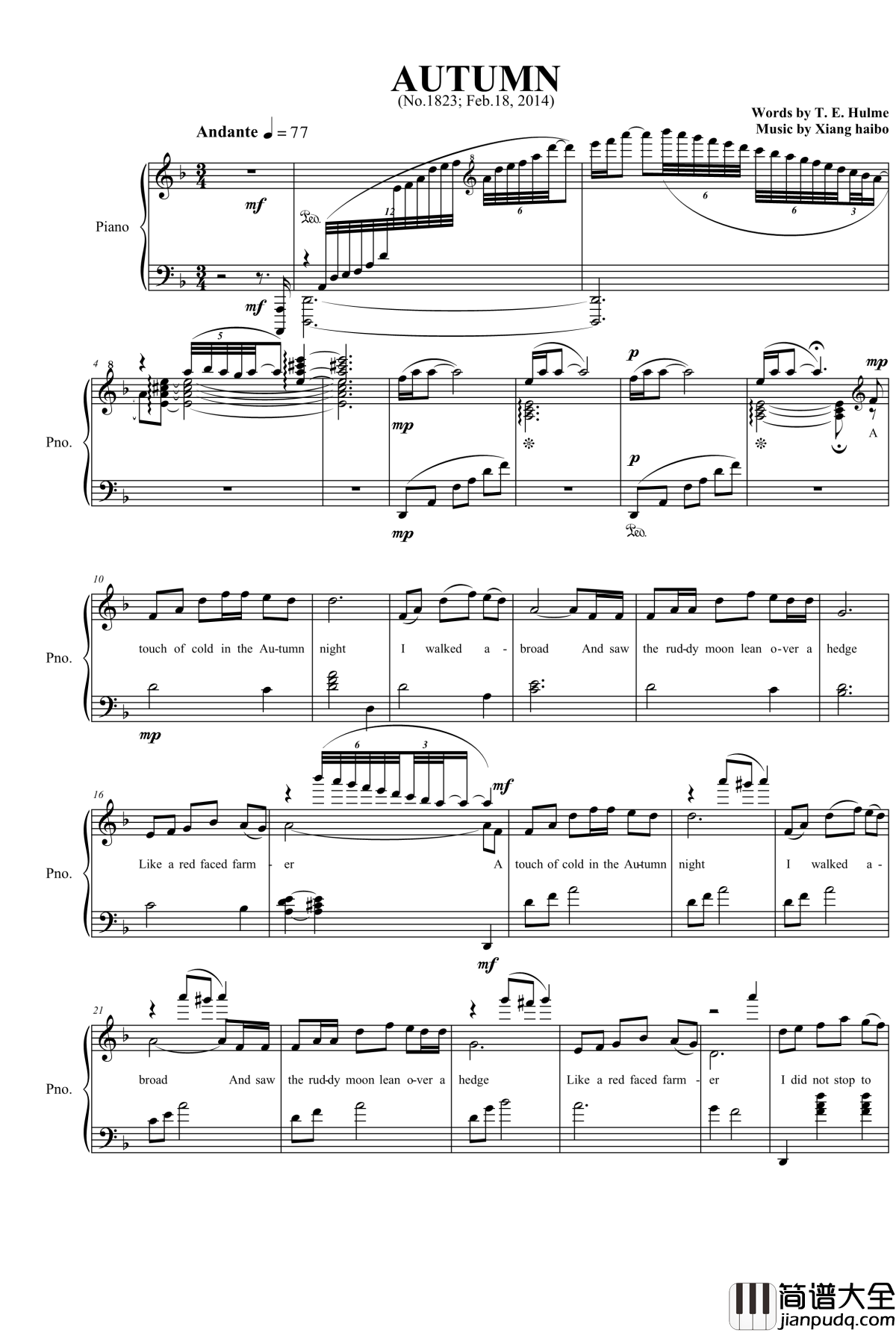 Autumn钢琴谱_项海波