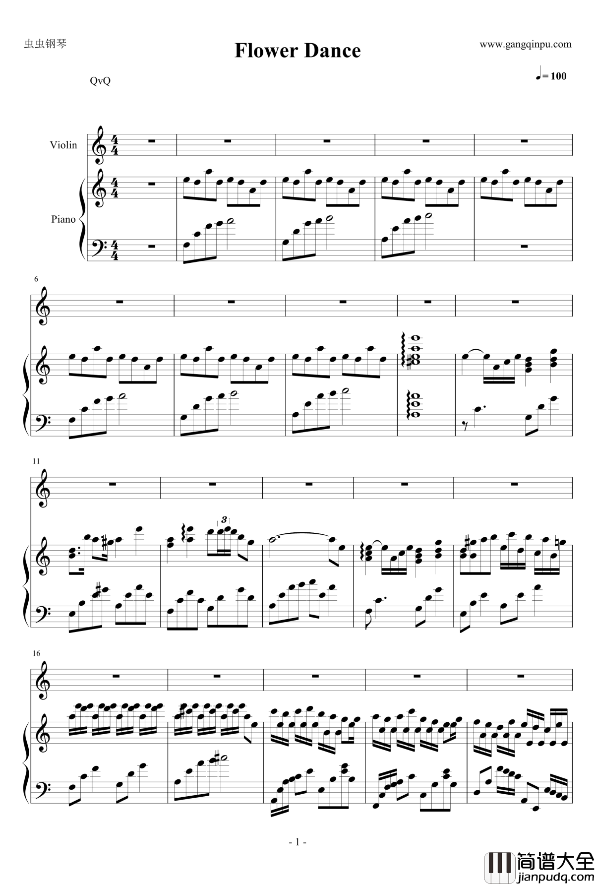 Flower_Dance钢琴谱_钢琴小提琴协奏_DJ_Okawari