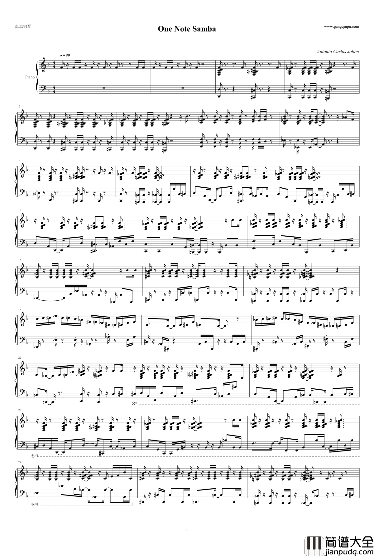 One_Note_Samba钢琴谱_独奏_Antonio_Carlos_Jobim