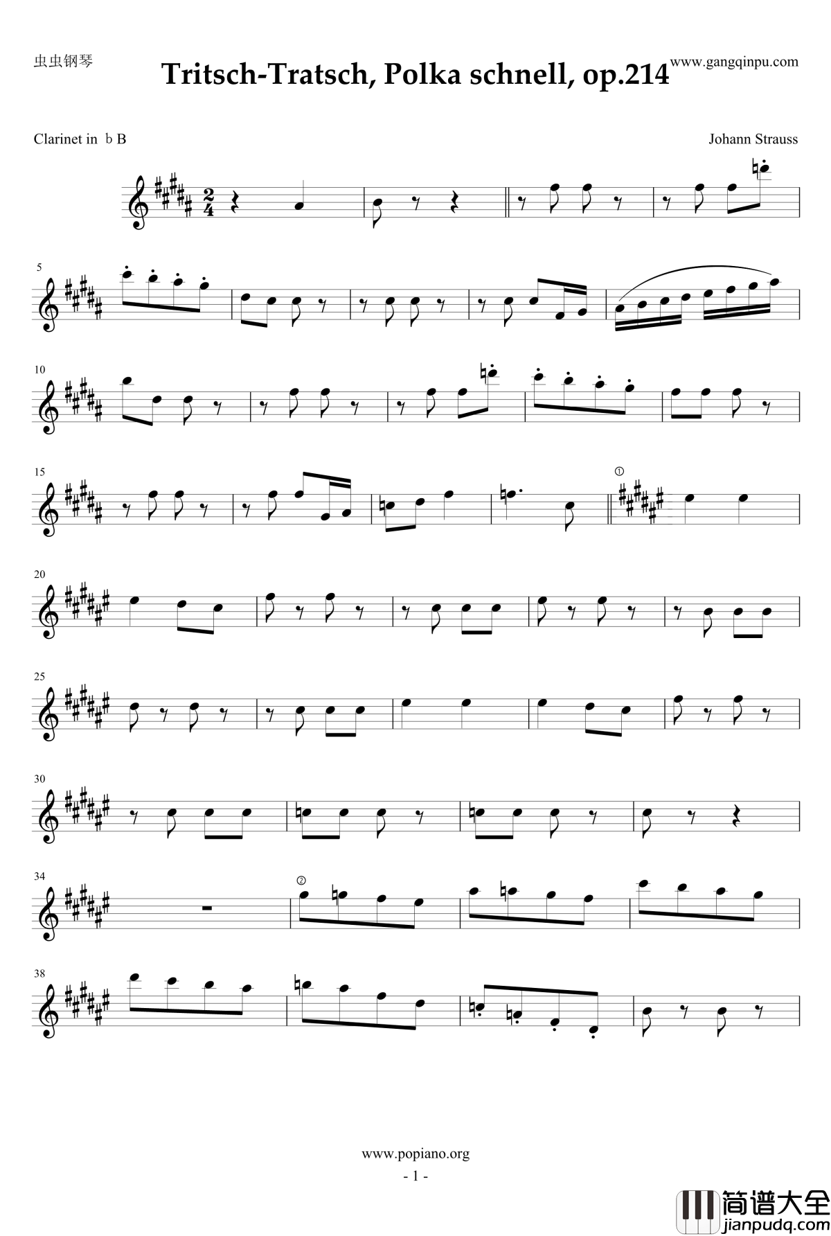 闲聊波尔卡钢琴谱_单簧管分谱_小约翰施特劳斯