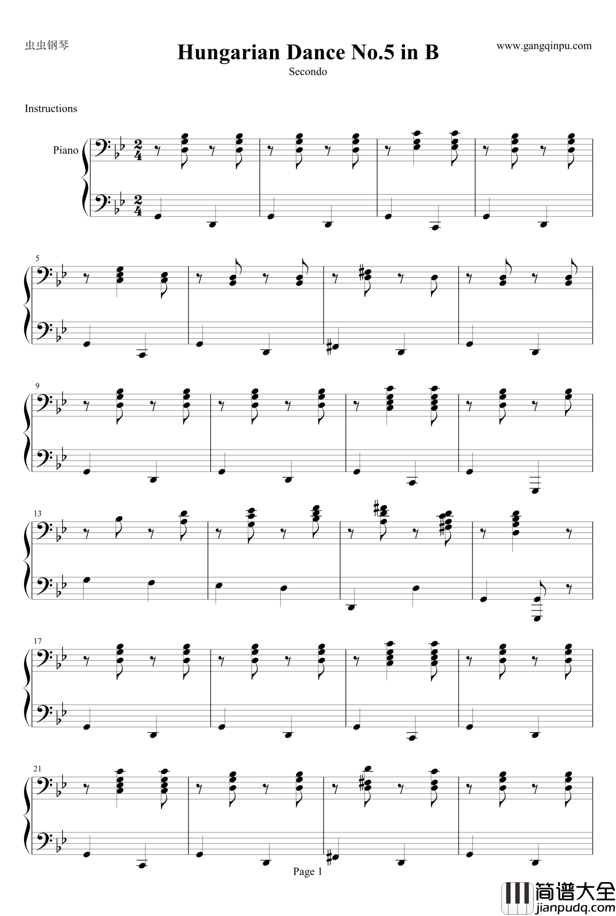 匈牙利舞曲第五号B调低音部钢琴谱_四手联弹_勃拉姆斯_Brahms