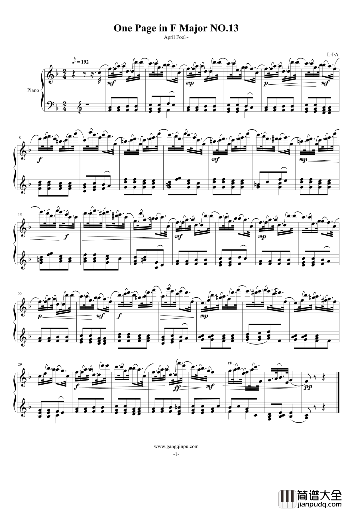 一页曲13钢琴谱_愚人节_灵动无痕