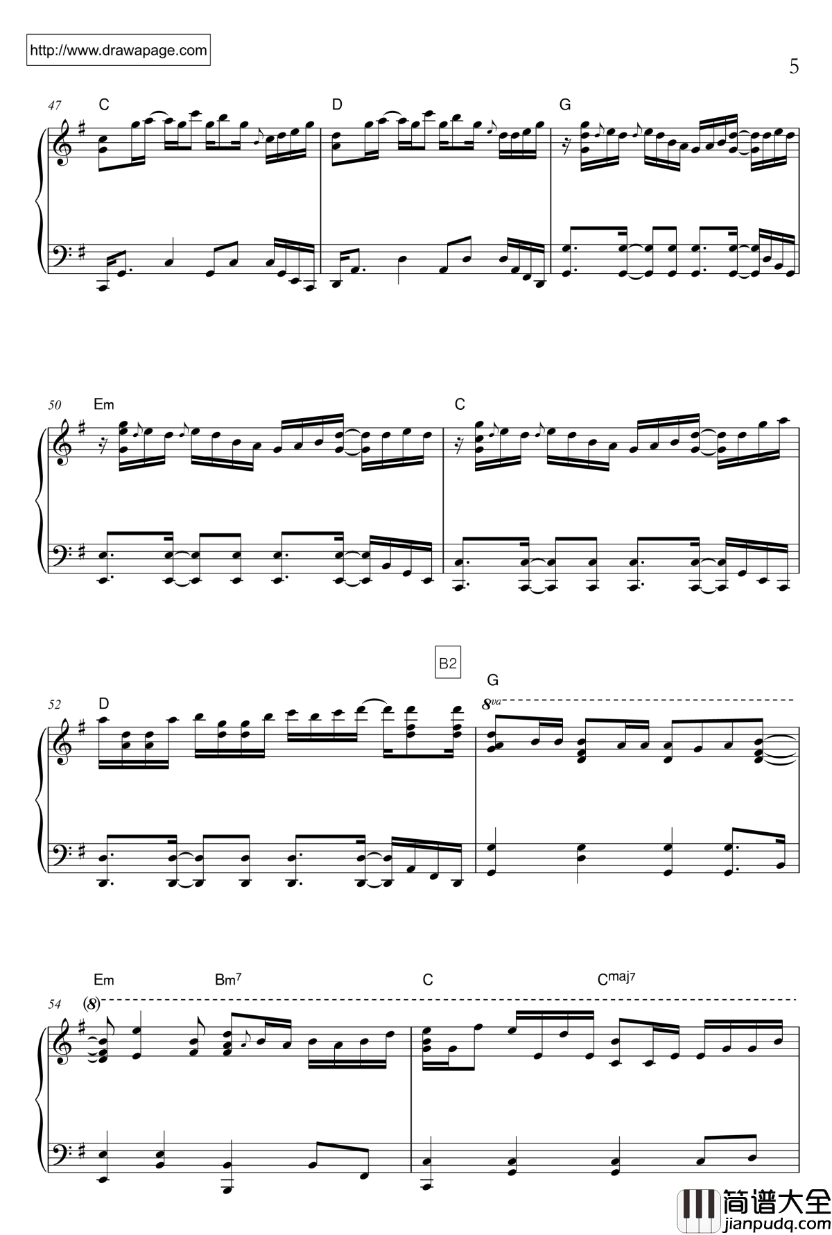 温柔钢琴谱_完全自由版_五月天