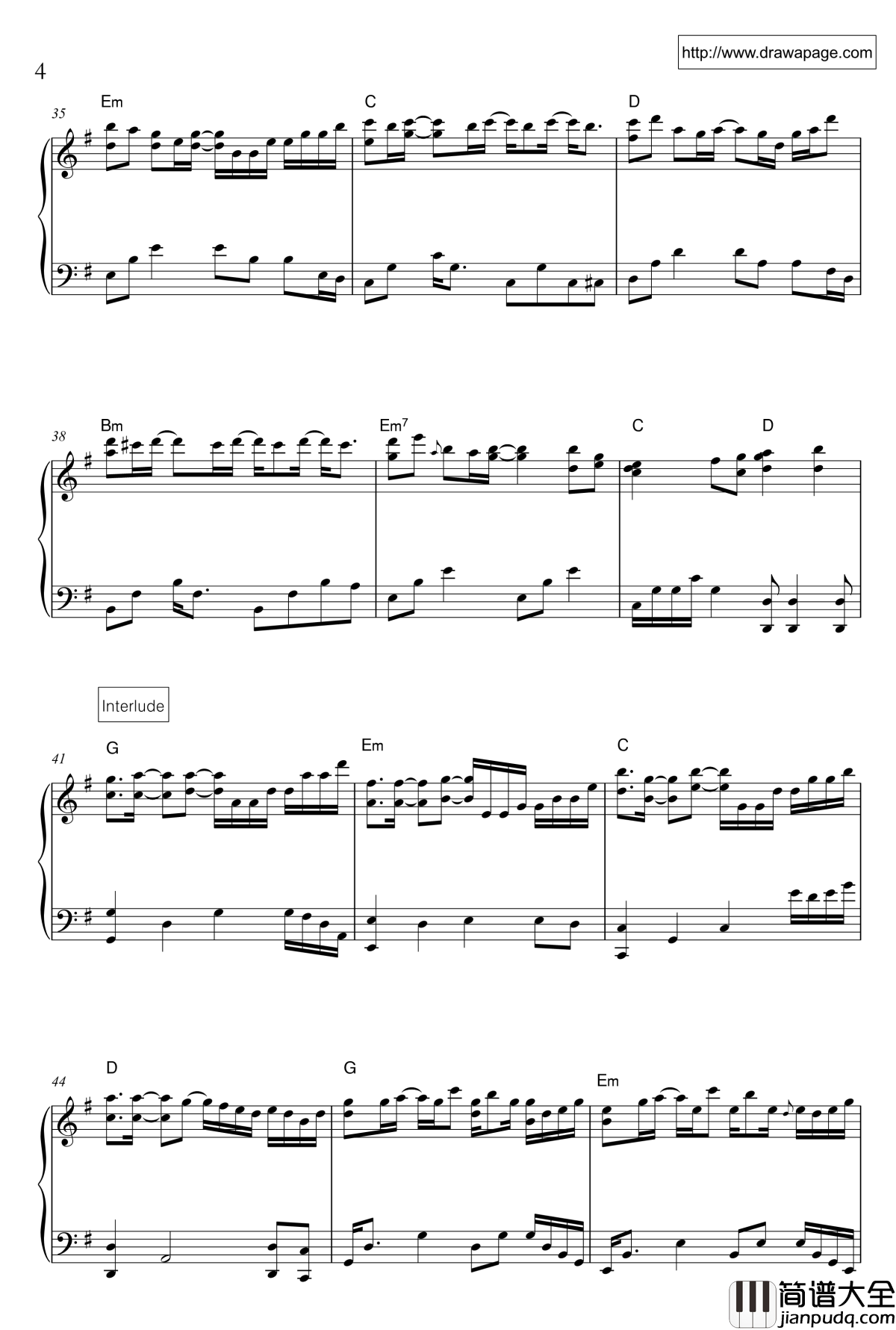 温柔钢琴谱_完全自由版_五月天