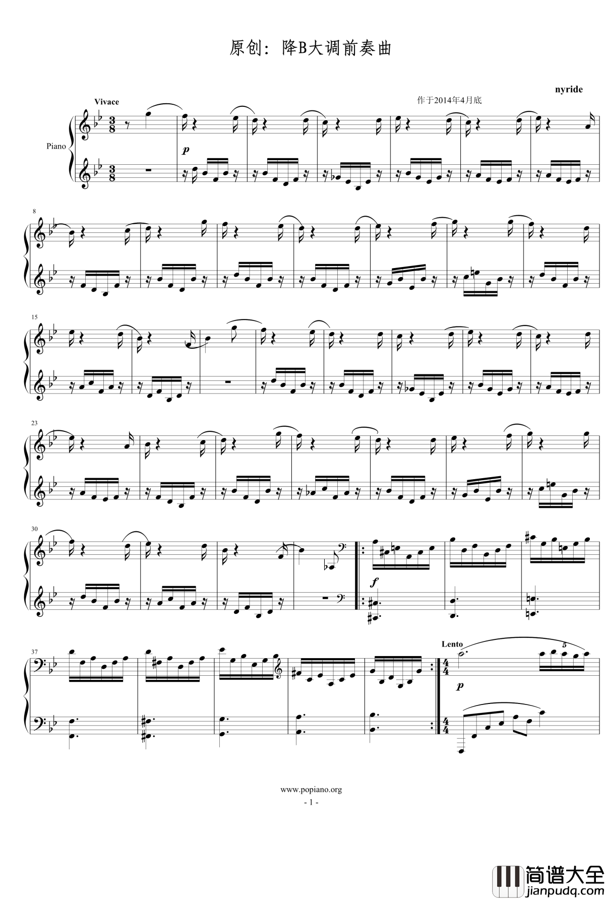 原创降B大调前奏曲钢琴谱_nyride