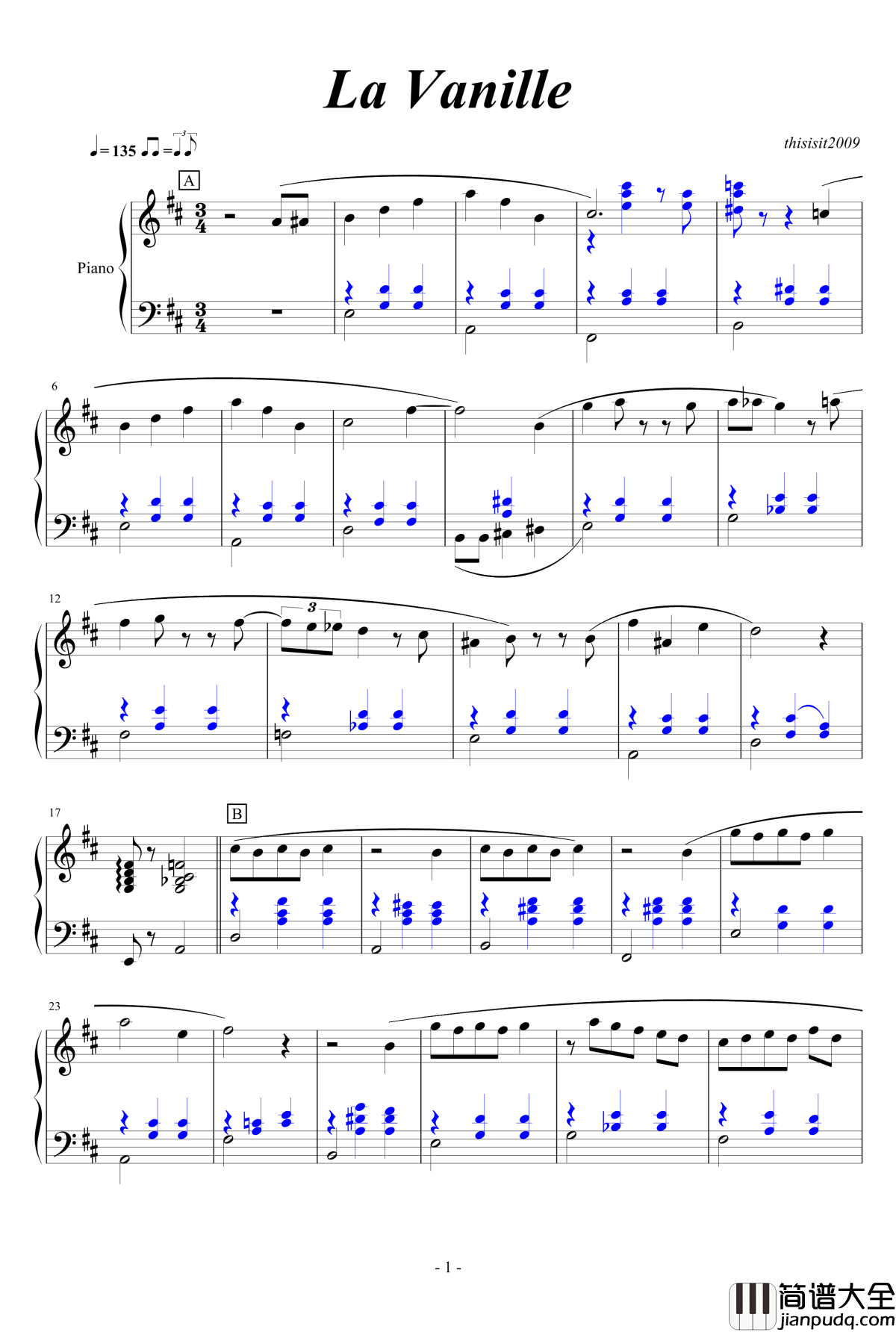 La_Vanille钢琴谱_独奏用_香草_thisisit2009