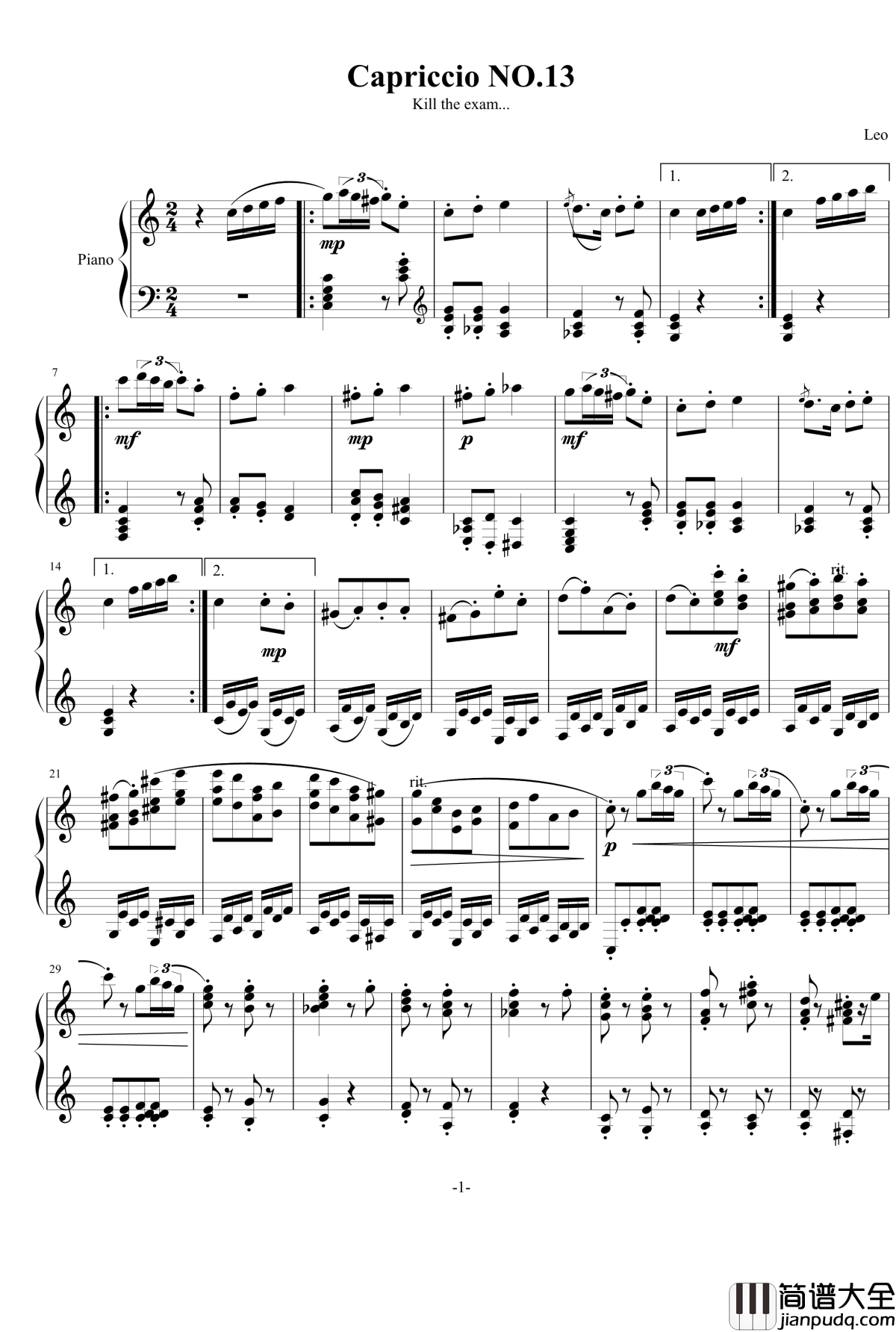 随想曲13钢琴谱_狂欢节_灵动无痕