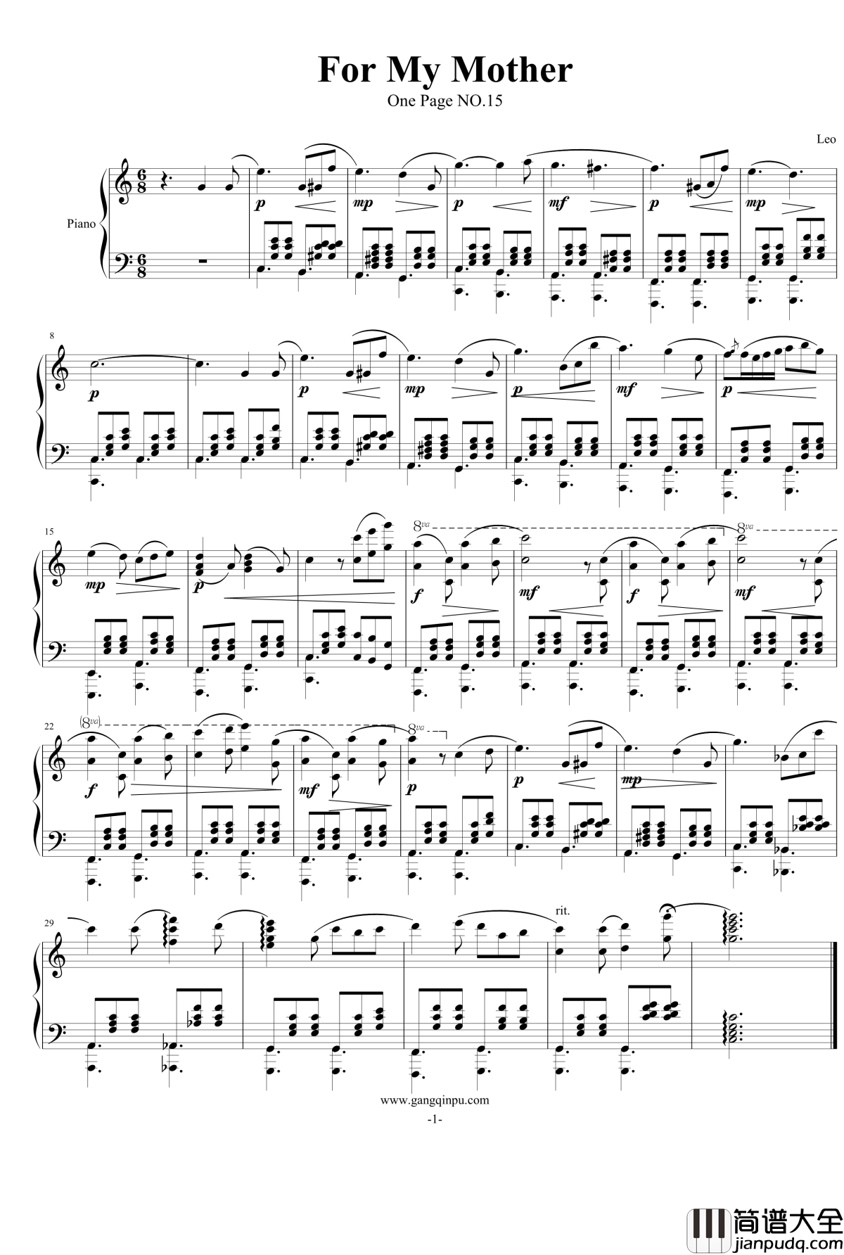一页曲15钢琴谱_母亲节_灵动无痕