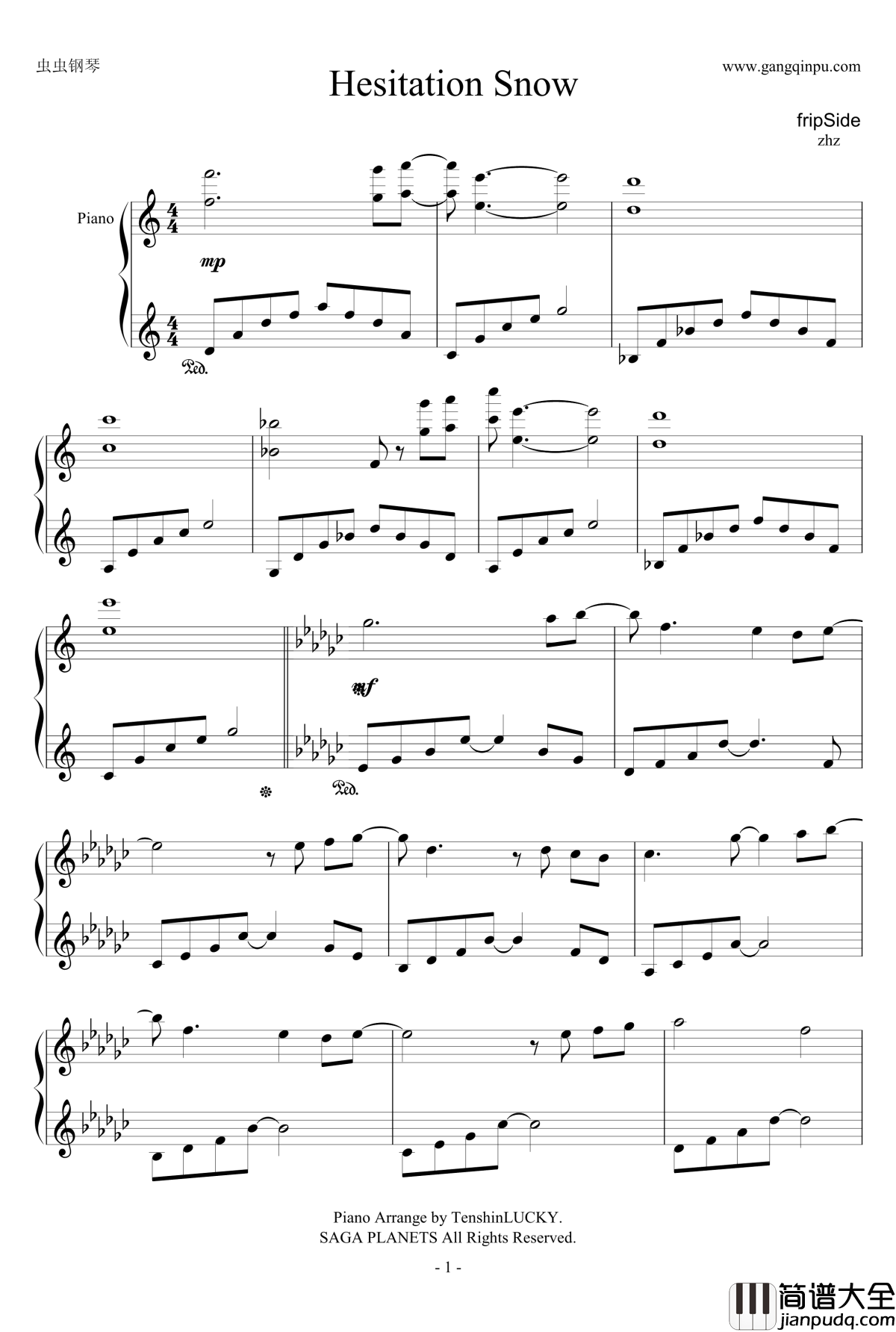 Hesitation_Snow钢琴谱_Fripside