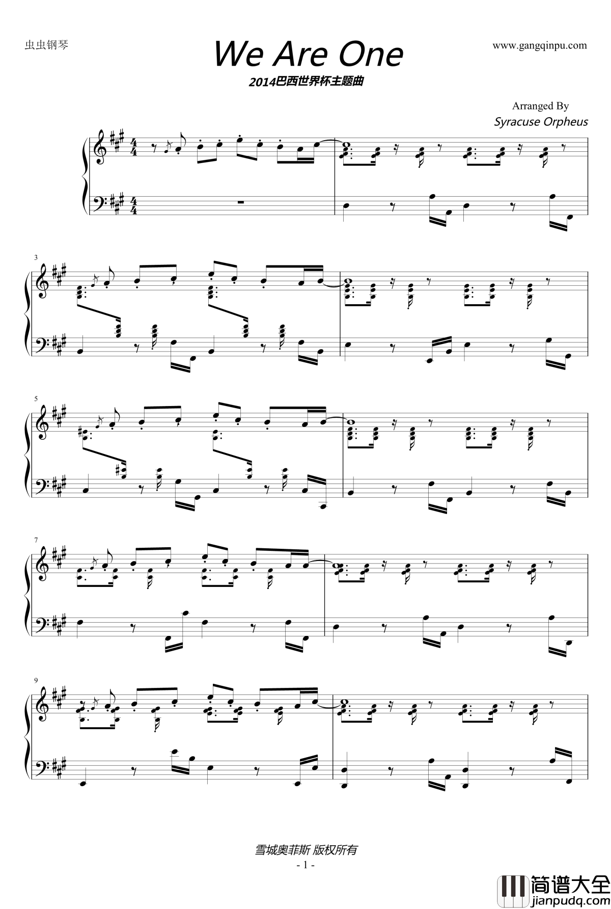 We_Are_One钢琴谱_超炫钢琴版2014巴西世界杯主题曲_综艺其他