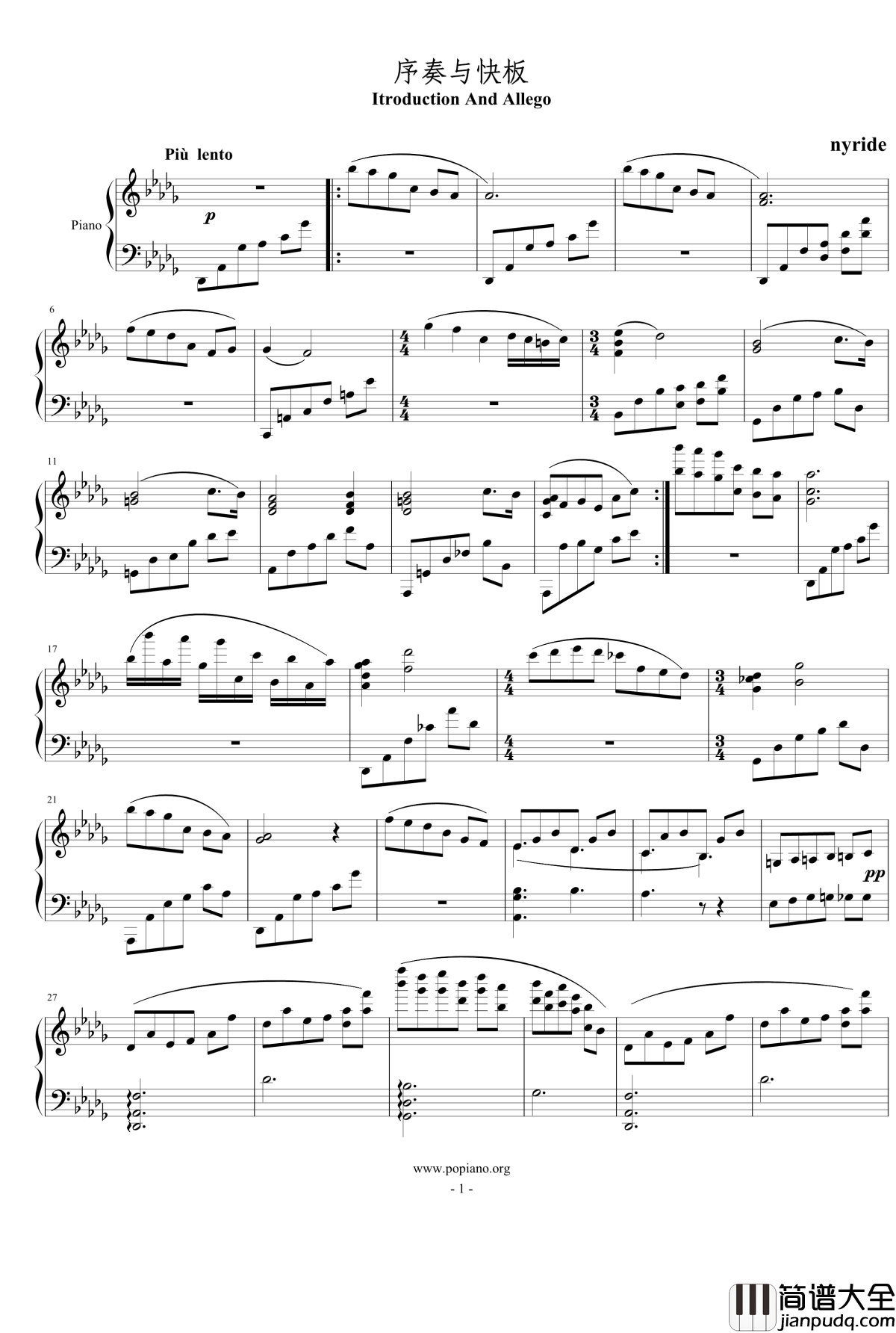 序奏与快板钢琴谱_nyride