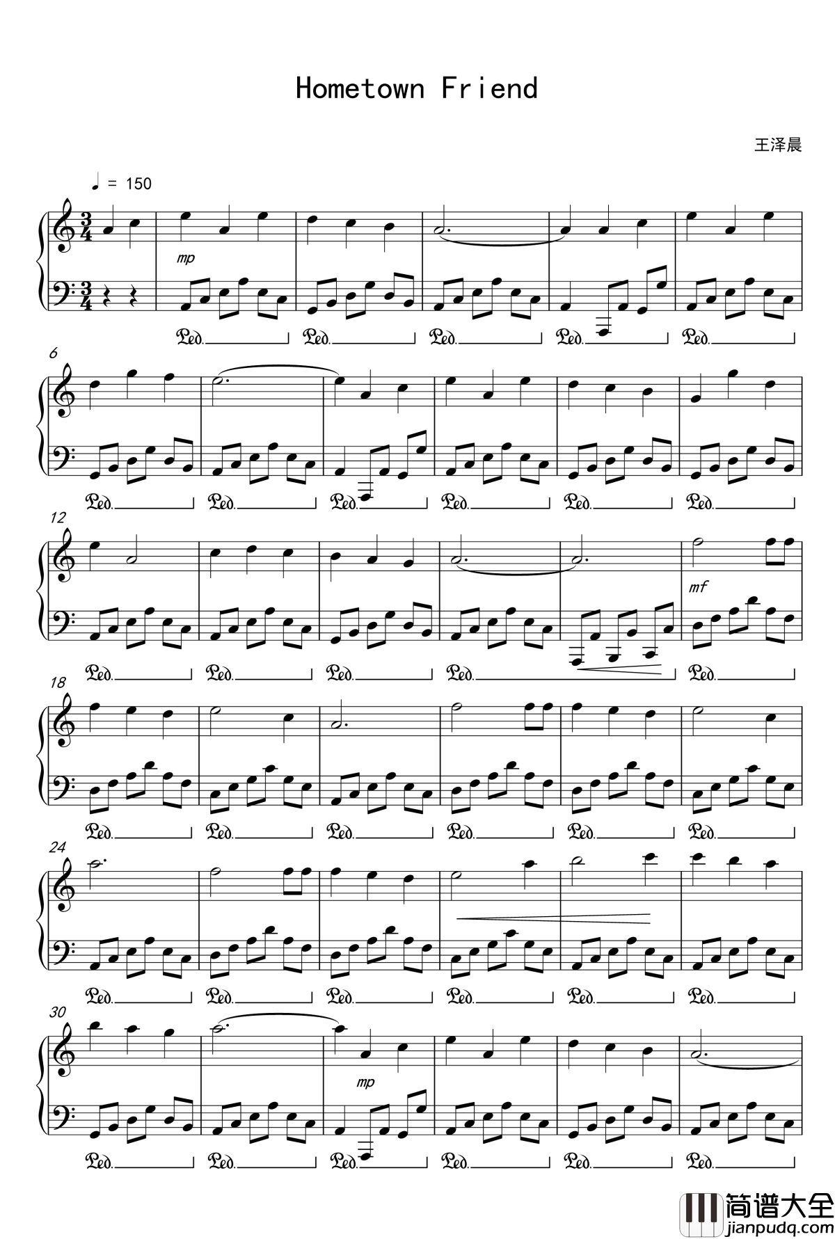 Hometown_Friend钢琴谱_天若晓