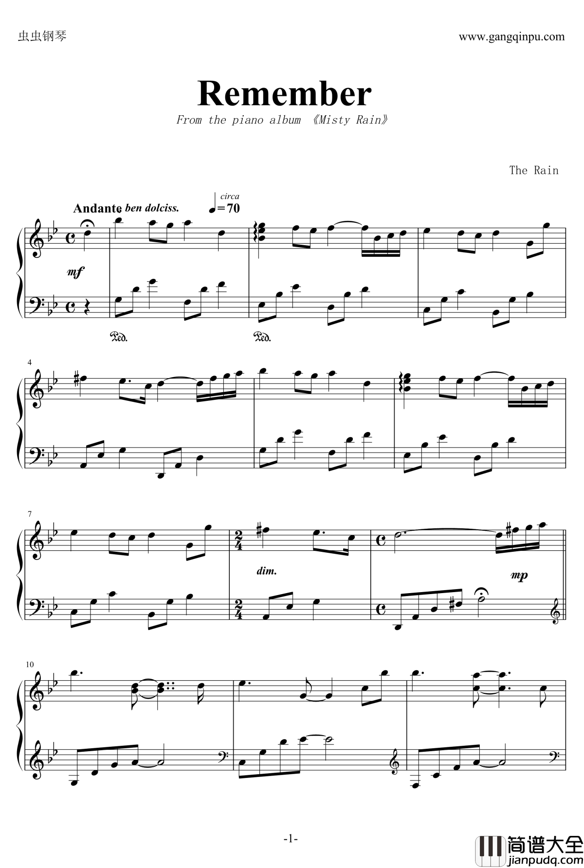 Remember钢琴谱_班得瑞_Bandari