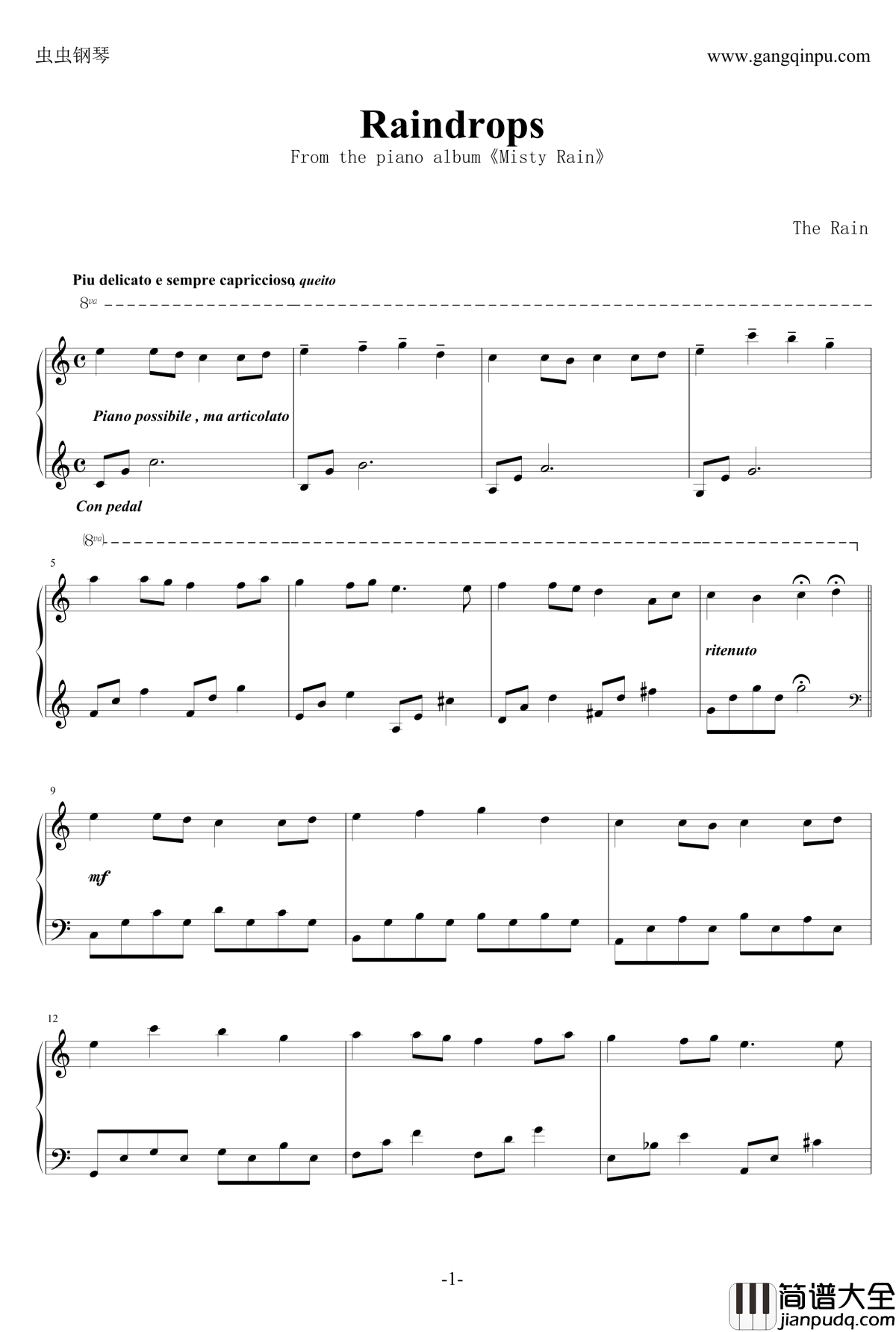 Raindrops钢琴谱_音乐盒1yh版_the_rain