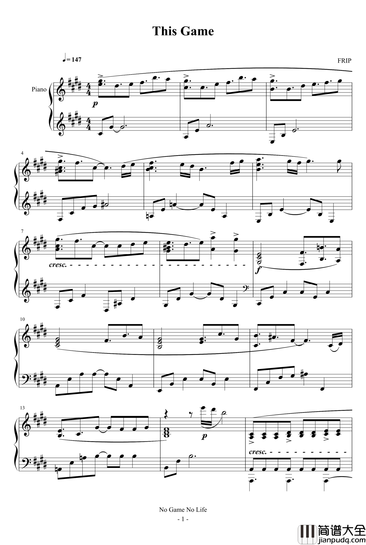 No_Game_No_Life_OP钢琴谱_完整版_游戏人生