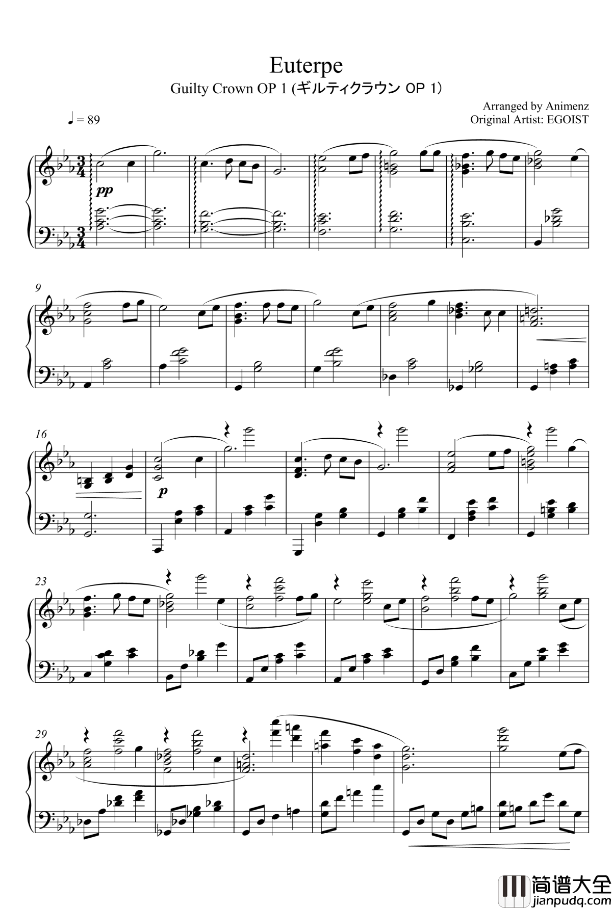 Euterpe钢琴谱_超震撼版原谱转载_Animenz_罪恶王冠_Guilty_Crown_supercell
