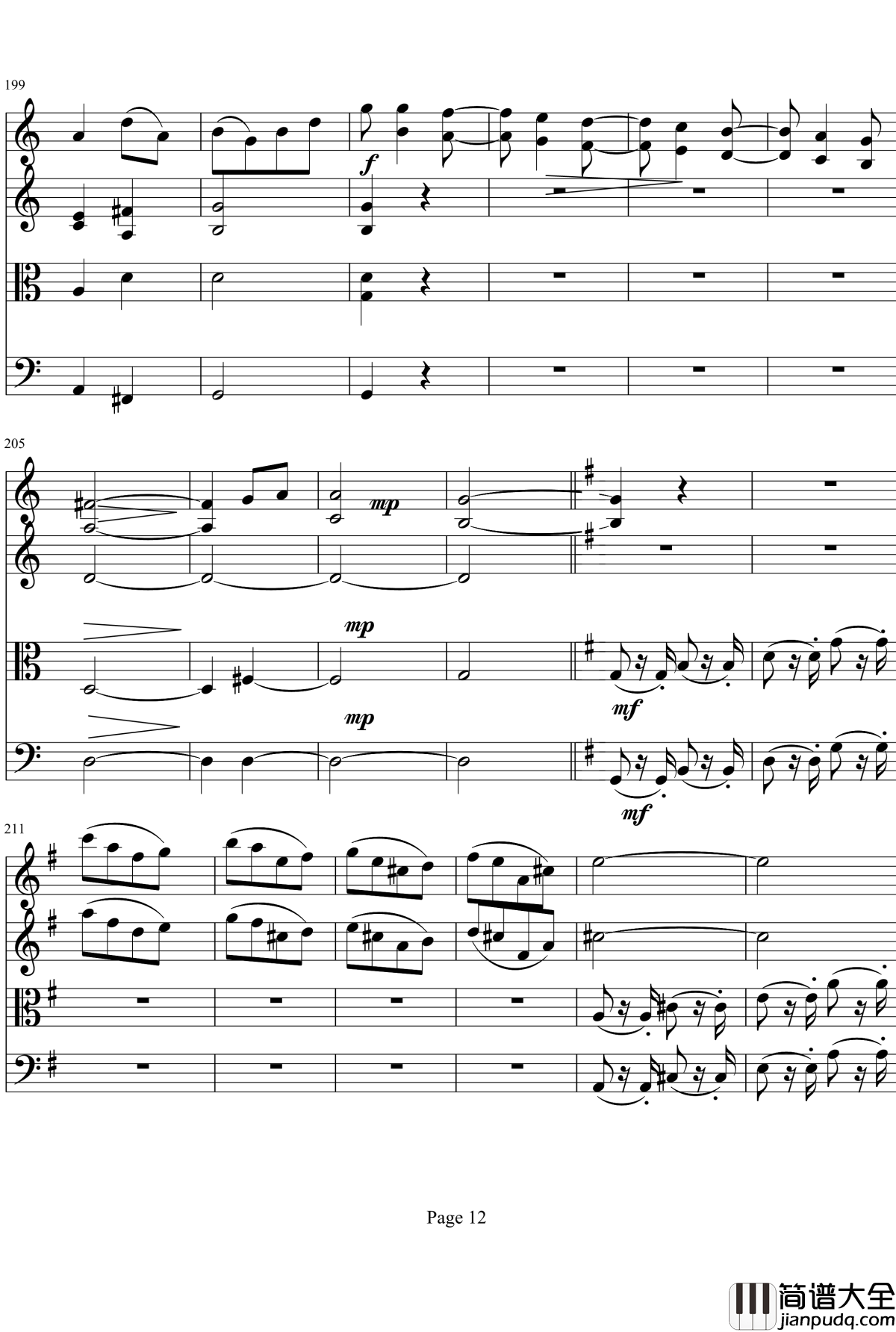 弦乐四重奏No1第四乐章钢琴谱_项道荣