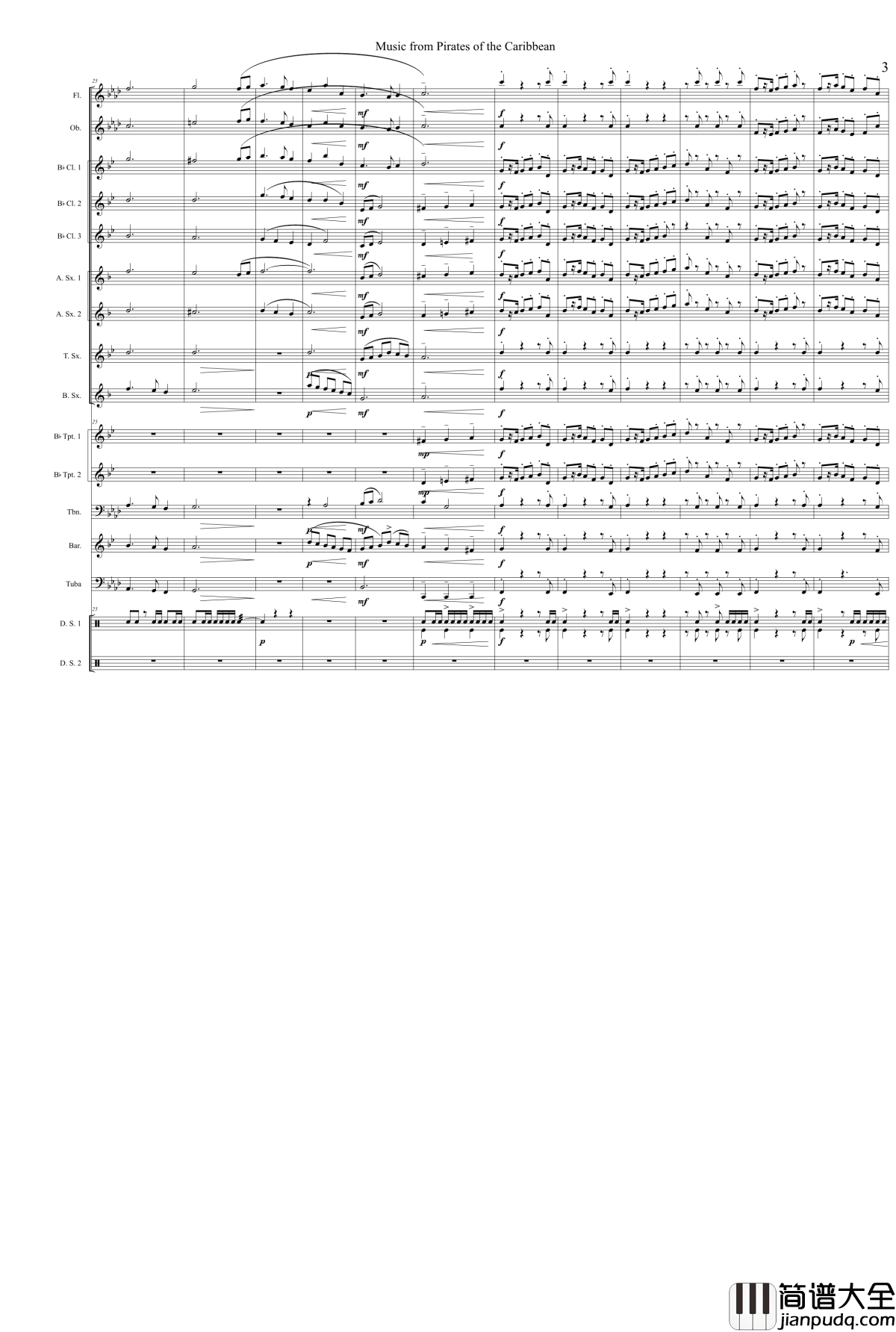 加勒比海盗钢琴谱_管乐