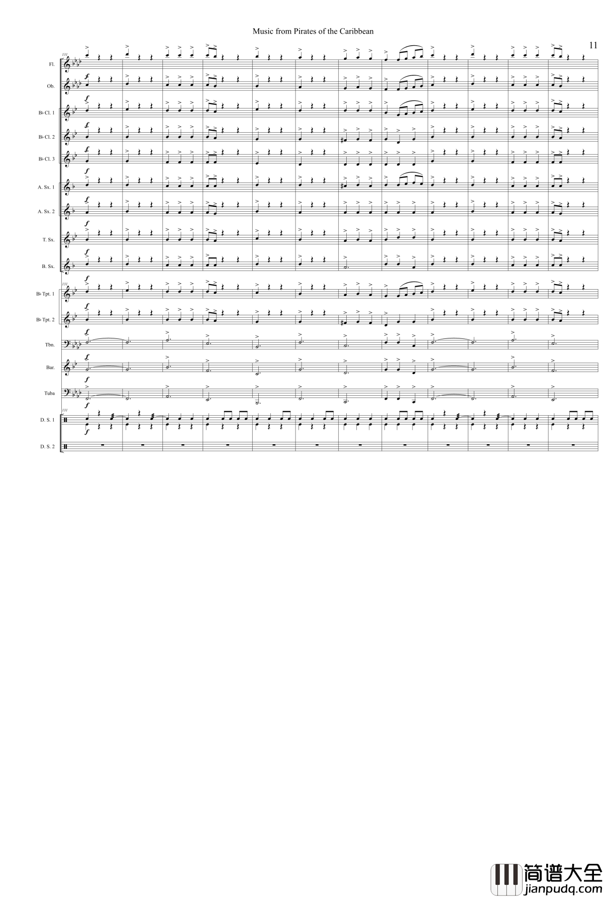加勒比海盗钢琴谱_管乐