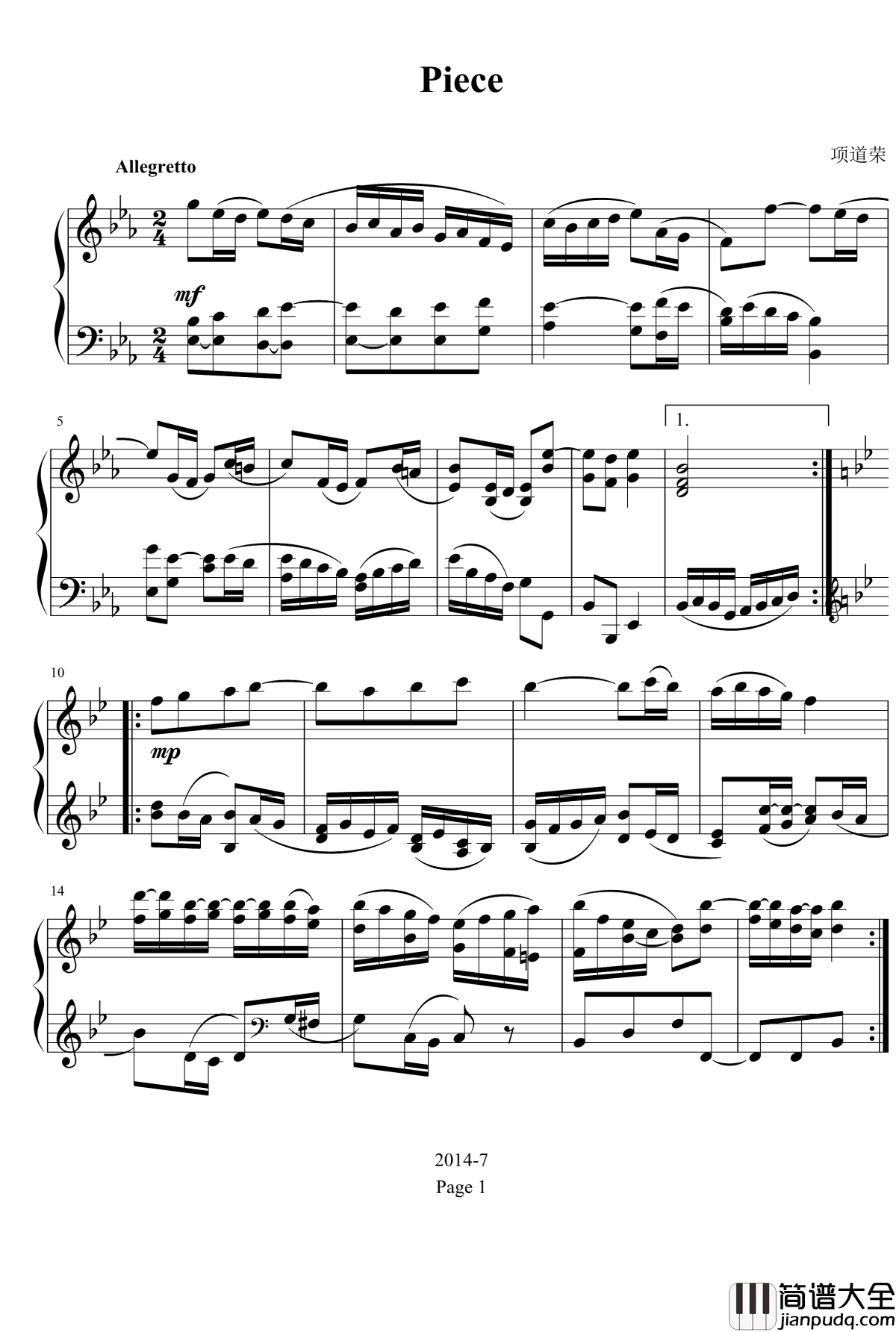 Piece钢琴谱_项道荣