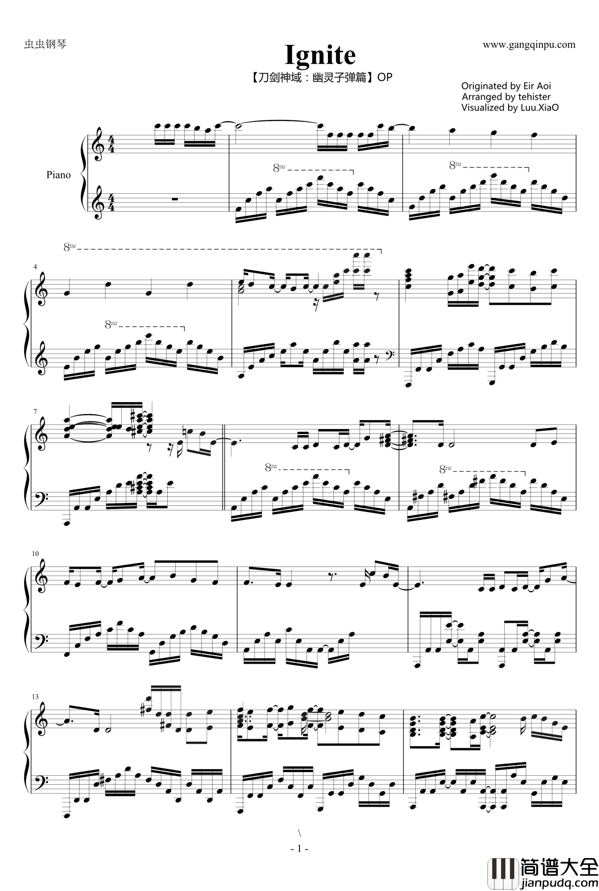 Ignite钢琴谱_刀剑神域：幽灵子弹篇OP_刀剑神域