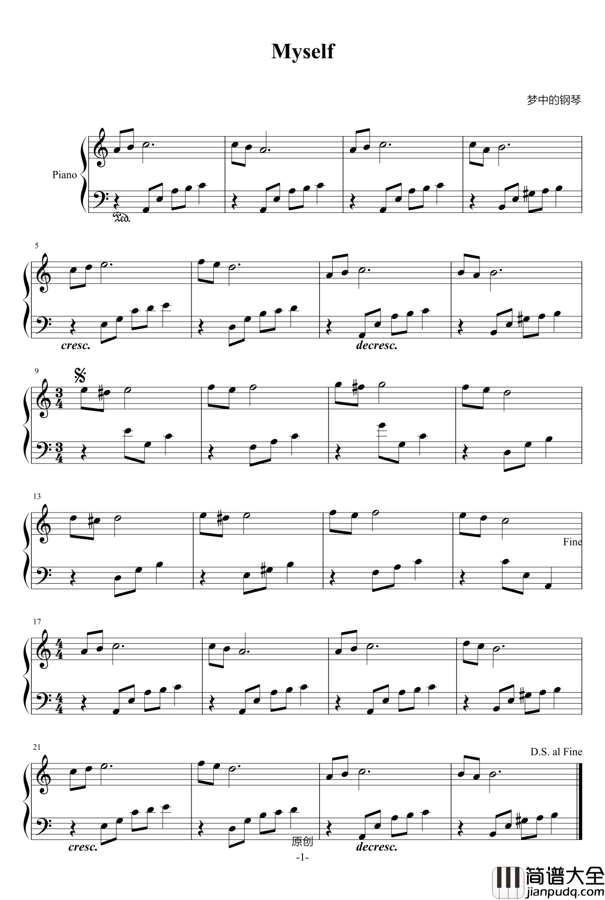 Myself钢琴谱_木有钢琴