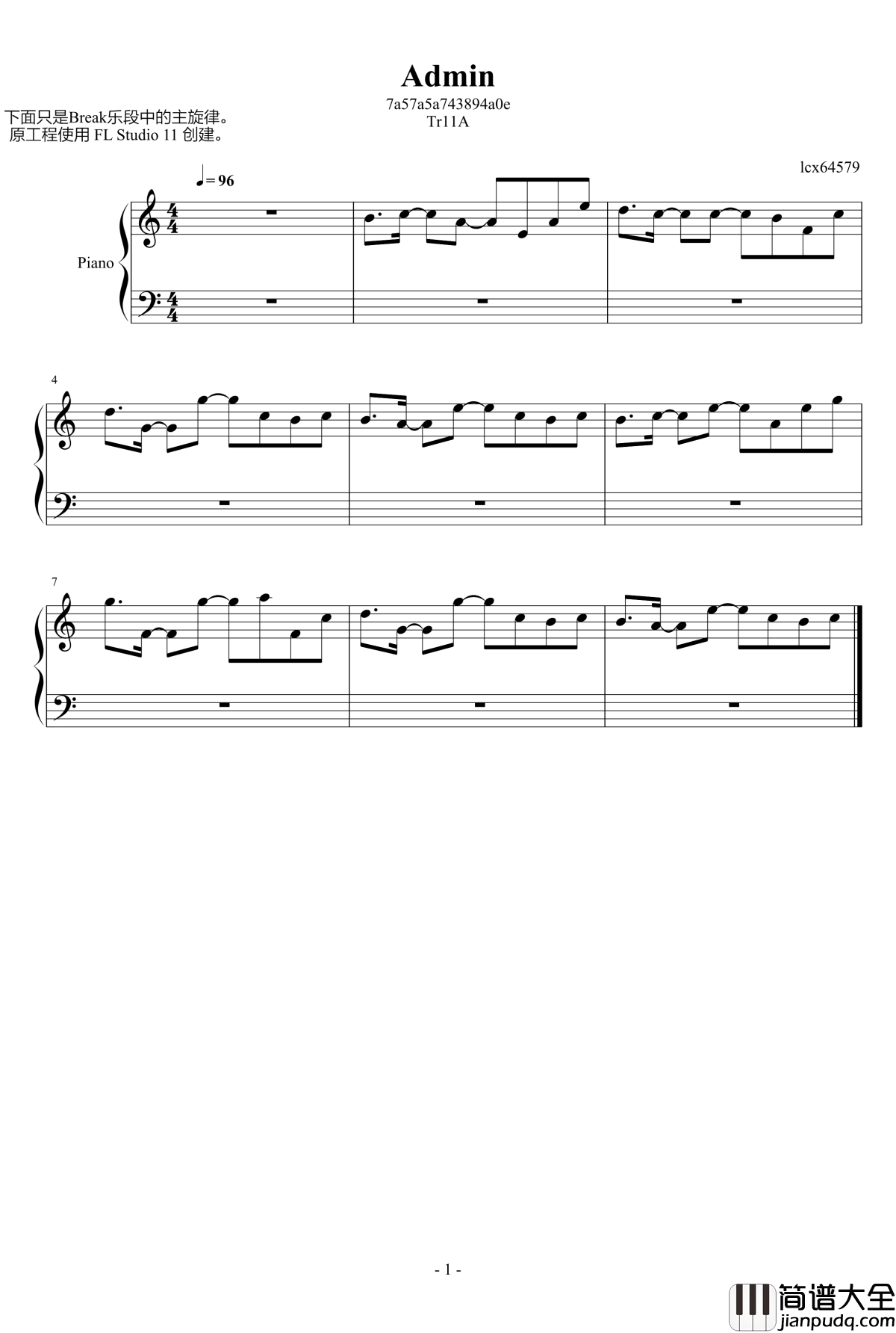 ADMIN钢琴谱_8比特红白机_lcx64579