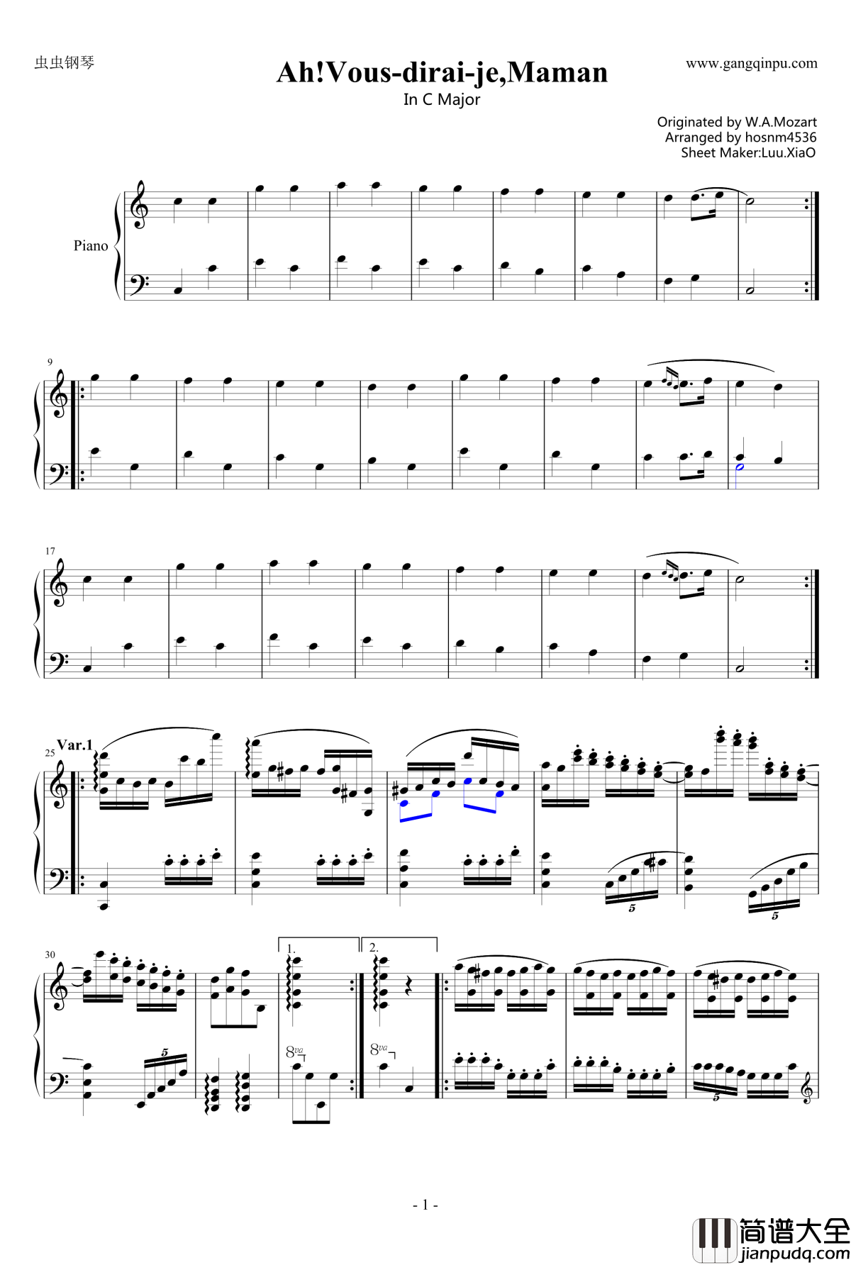 小星星变奏曲钢琴谱_炫技再变奏_莫扎特