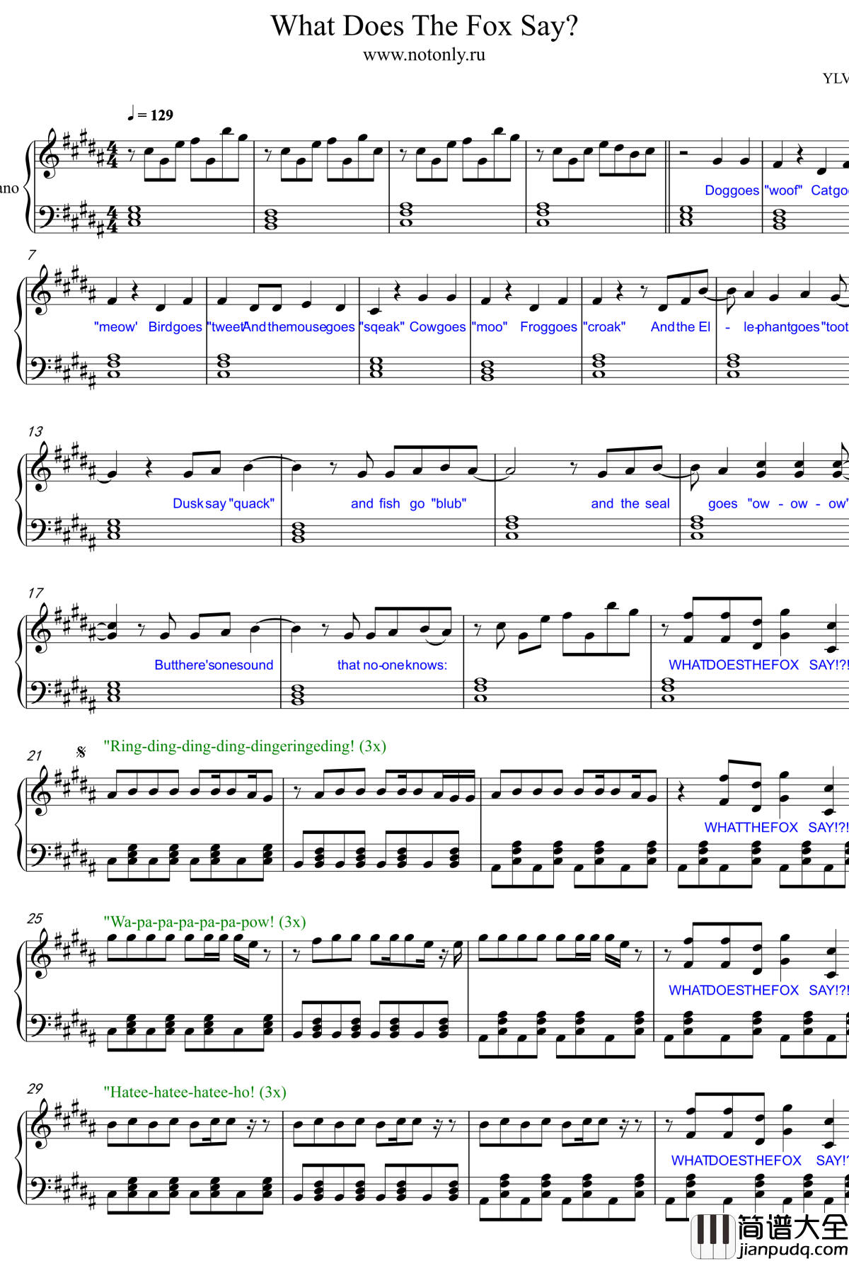 狐狸叫钢琴谱_what_does_the_fox_say_Ylvis