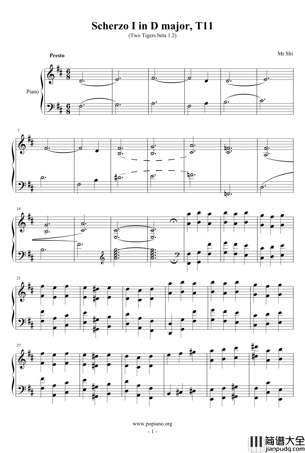 谐谑曲钢琴谱_两只老虎_K550