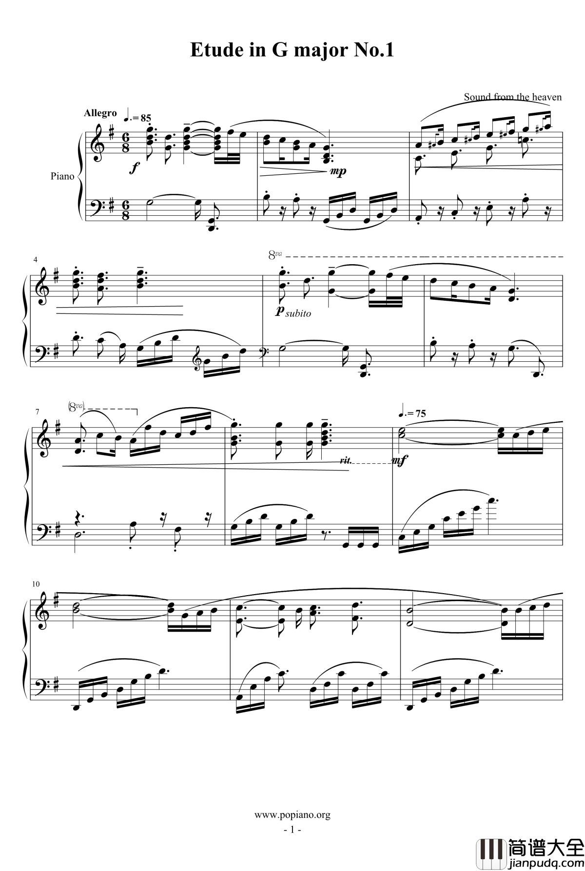 G大调练习曲No.1钢琴谱_天籁传声