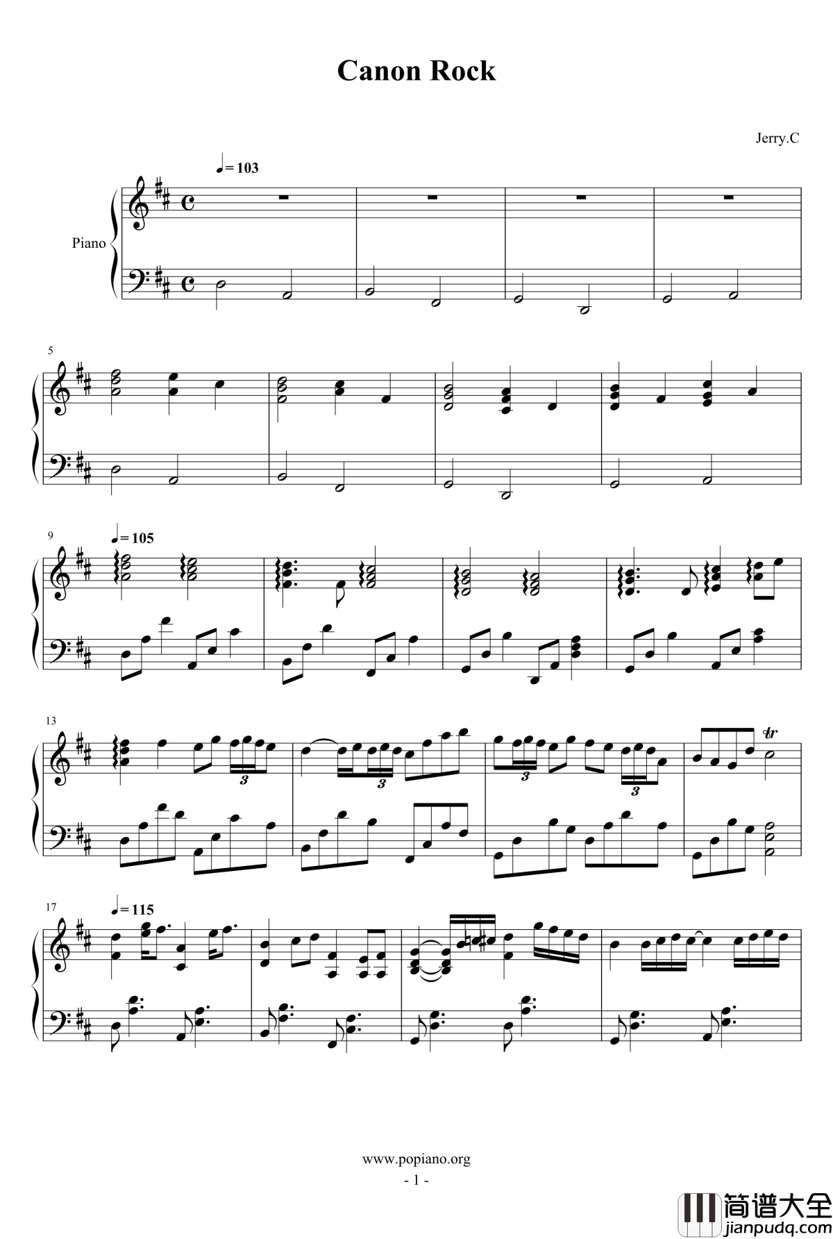 卡农钢琴谱_电吉他摇滚钢琴版_Jerry.C_Canon_Rock_Jerry.C